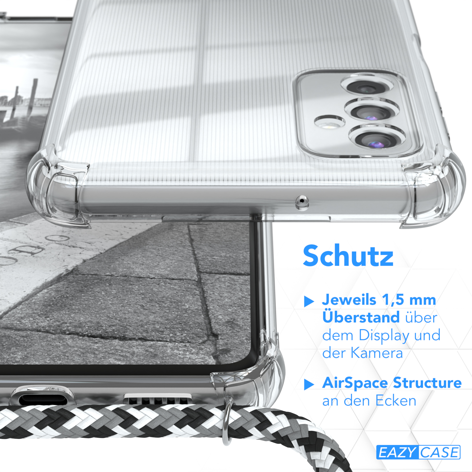 Nahaufnahme einer Handyhülle, die ihre Schutzfunktionen und Design-Details hervorhebt.