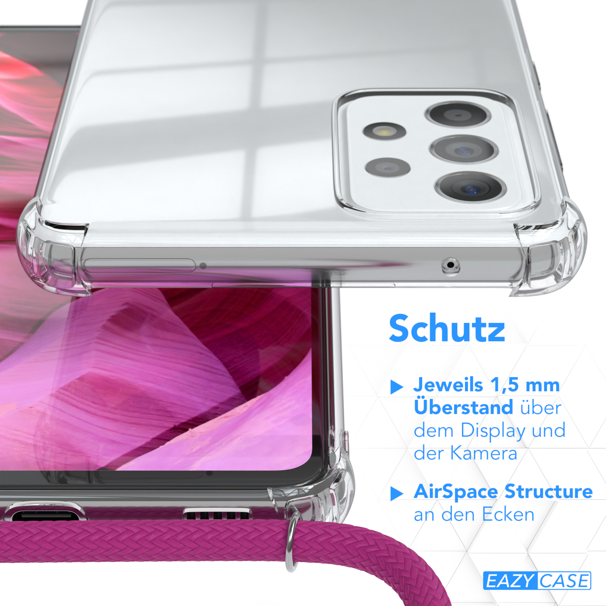 Ein Telefon in einer transparenten Hülle, und die Hüllendetails werden hervorgehoben.