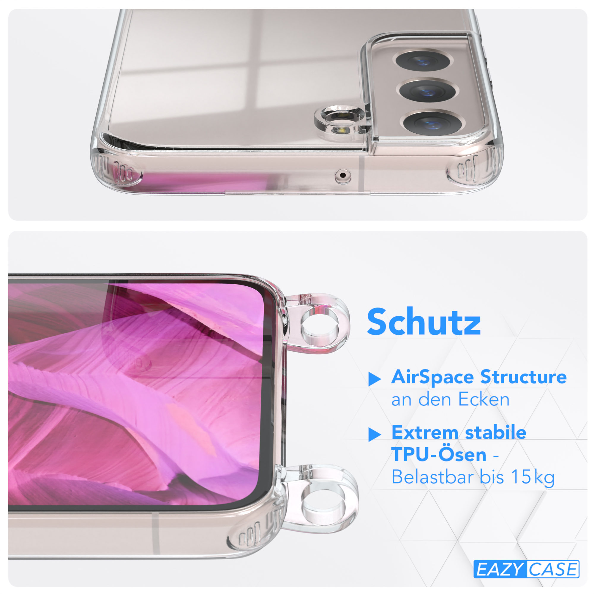 Cover Pink CASE mit Clips Galaxy Umhängetasche, S22 5G, EAZY Umhängeband, Silber / Clear Samsung,