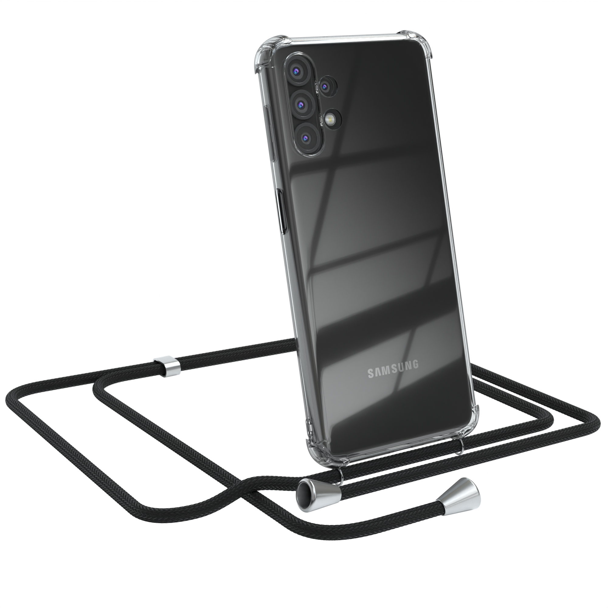 Transparente Handyhülle mit schwarzem Schlüsselband, Telefon angewinkelt. Samsung-Logo.