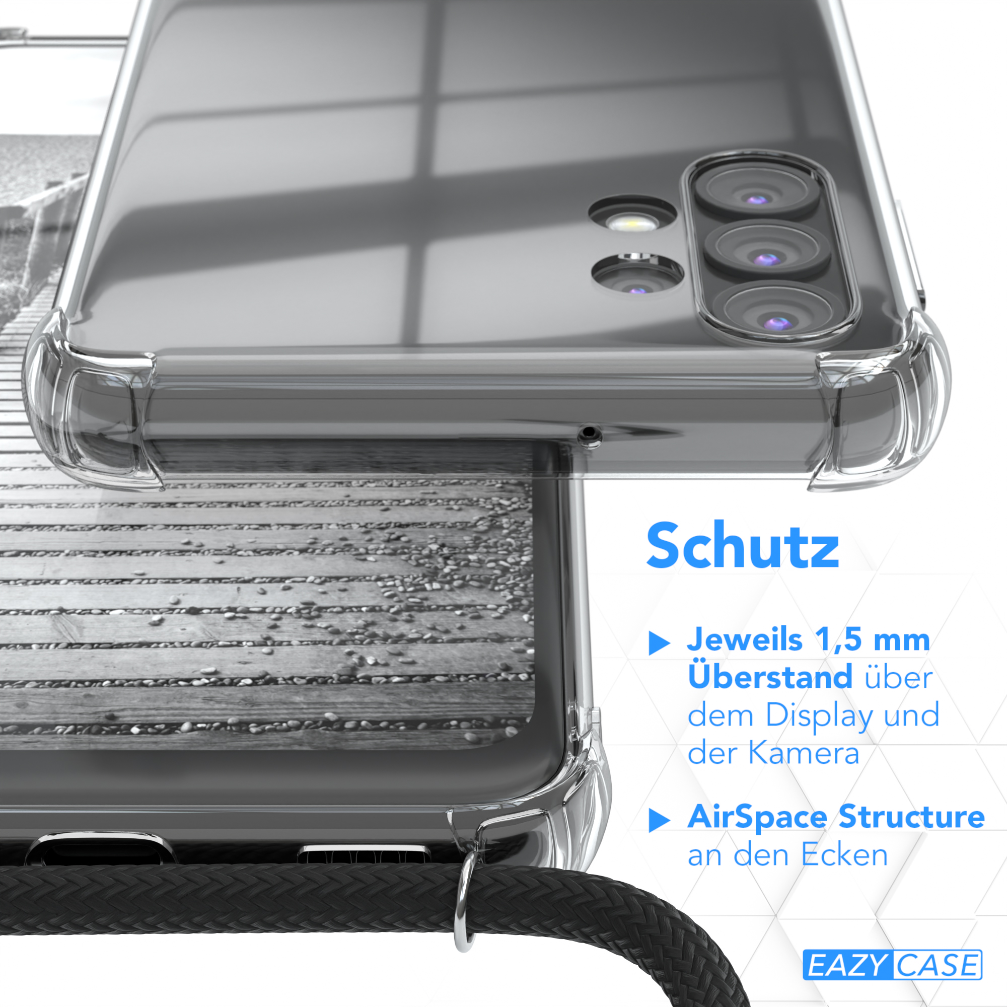 Nahaufnahme einer Handyhülle mit klarer Sicht auf das Telefon. Text: AirSpace-Struktur, 1,5 mm Display-Überhang.