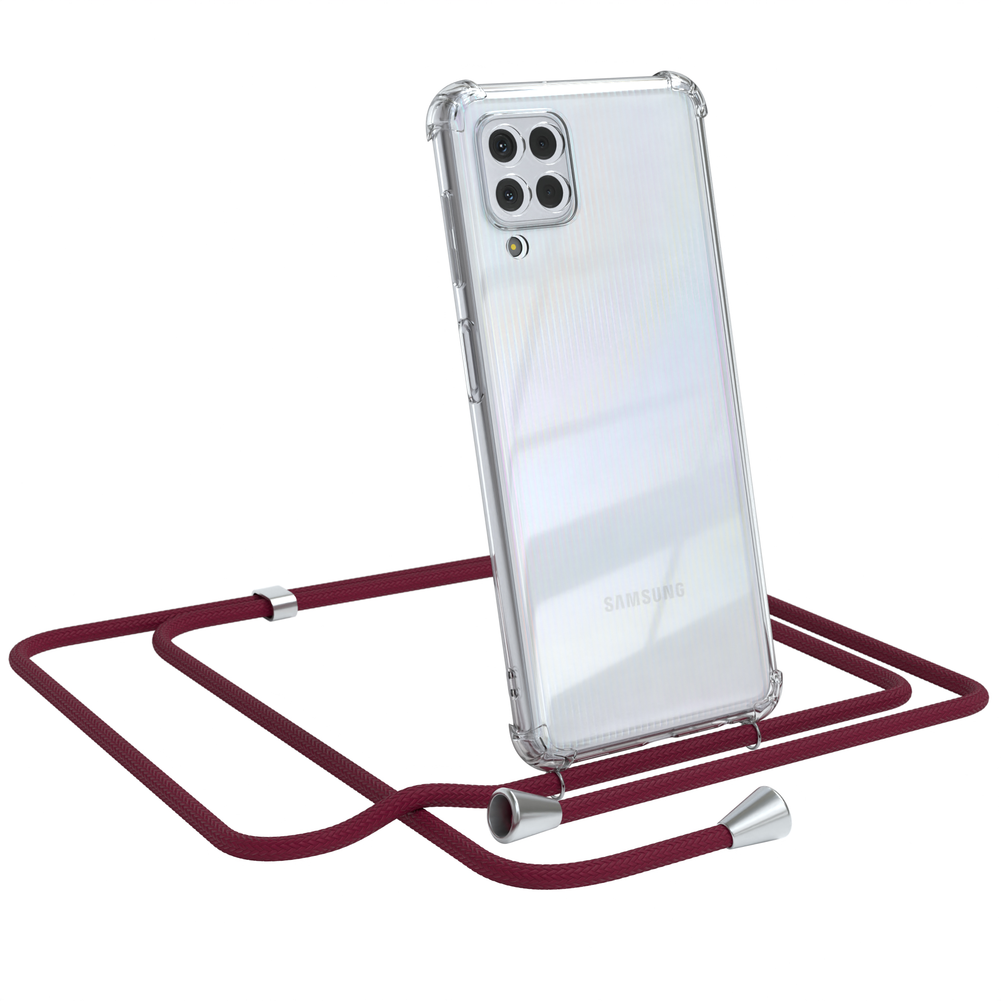 Transparente Handyhülle mit weinrotem Lanyard. Samsung-Telefon sichtbar. Weißer Hintergrund.