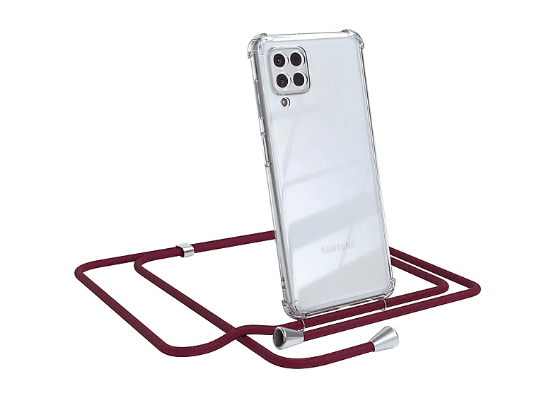EAZY CASE Clear Cover mit Umhängeband, Umhängetasche, Samsung, Galaxy M22 / M32 / A22 4G, Bordeaux Rot / Clips Silber