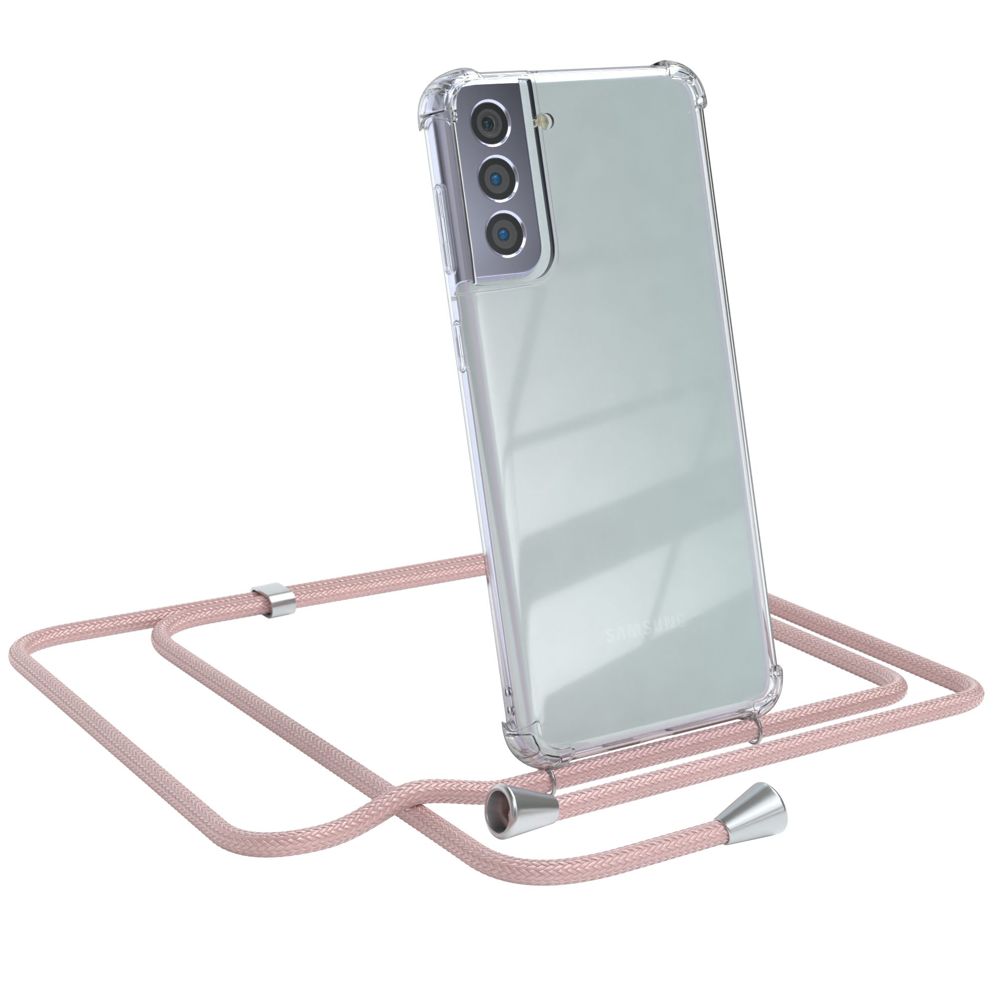 Transparente Handyhülle mit rosa Band. Samsung-Logo sichtbar.