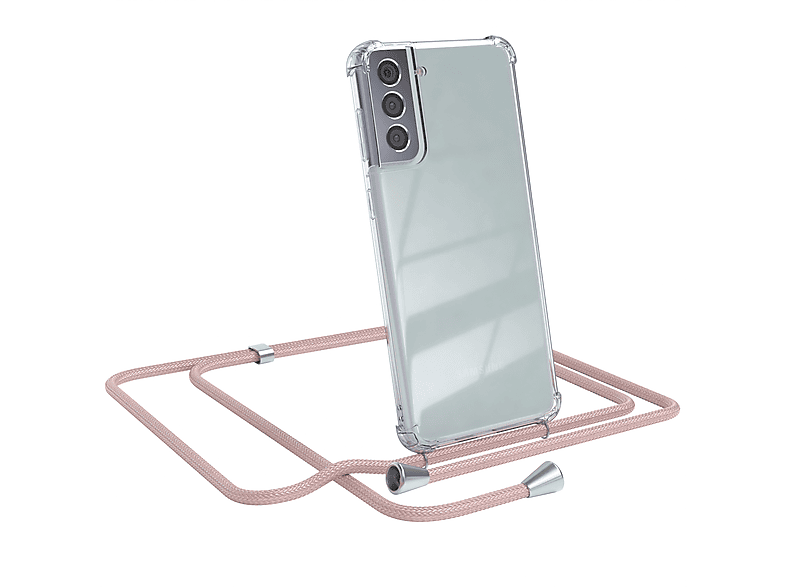 EAZY CASE Clear Cover mit Umhängeband, Umhängetasche, Samsung, Galaxy S21 Plus 5G, Rosé / Clips Silber