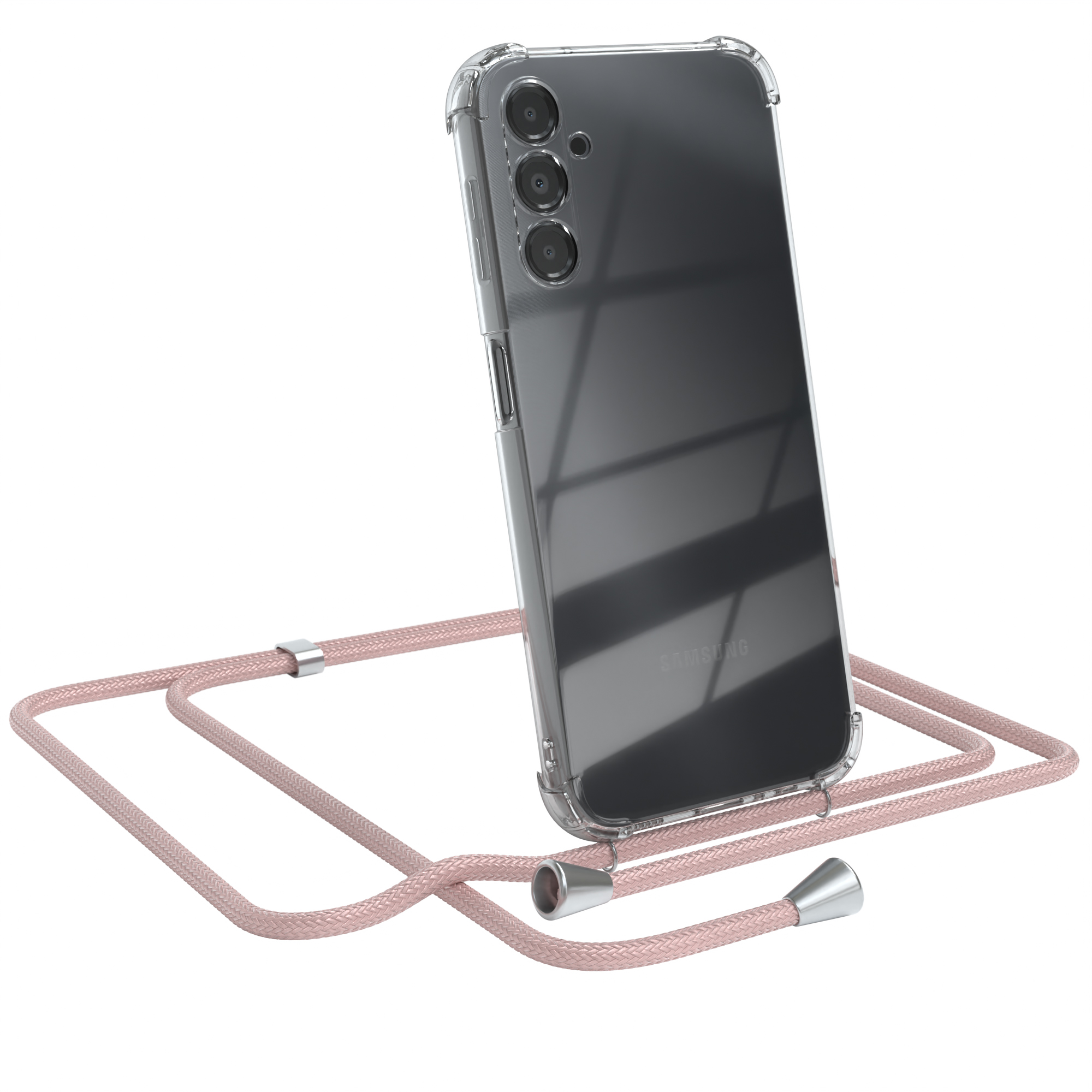 Transparente Handyhülle mit pinkfarbenem Umhängeband. Samsung-Telefon sichtbar. Weißer Hintergrund.
