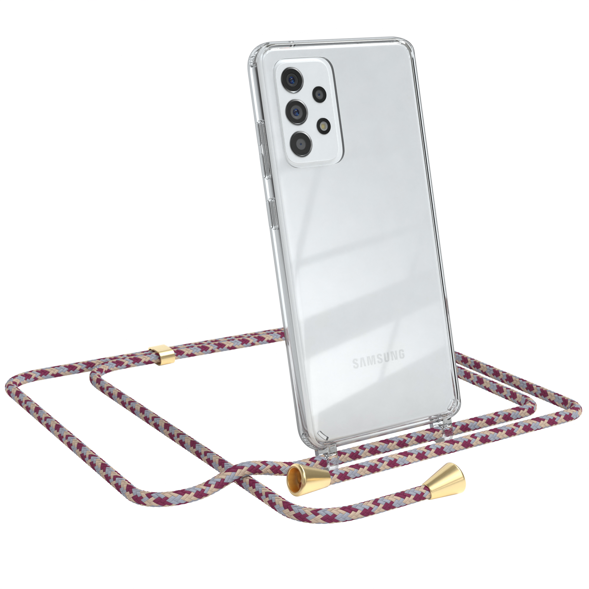 Transparente Handyhülle mit gemustertem Umhängeband. Ein Samsung-Handy ist darin. Weißer Hintergrund.