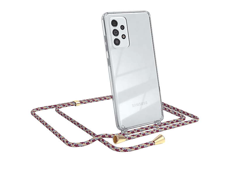 EAZY CASE Clear Cover mit Umhängeband, Umhängetasche, Samsung, Galaxy A52 / A52 5G / A52s 5G, Rot Beige Camouflage / Clips Gold