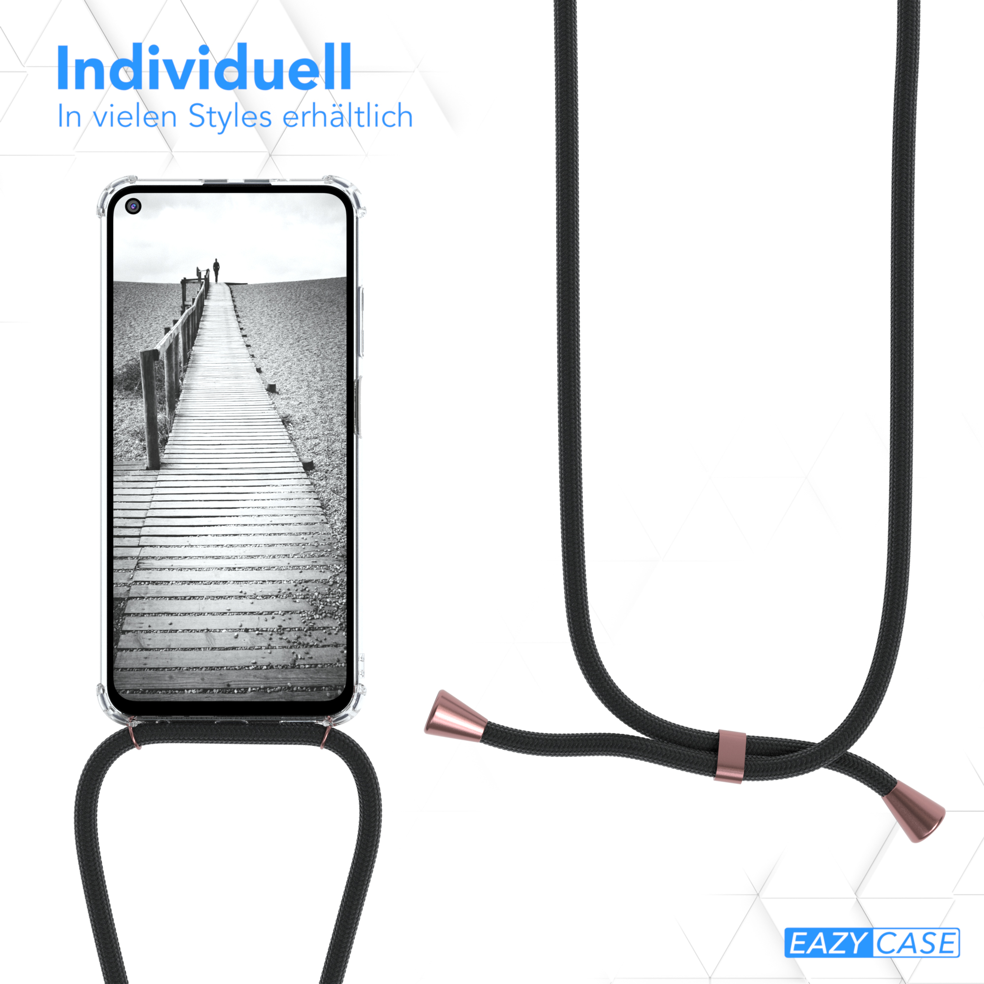Telefon mit Lanyard, schwarzes Kabel. Holzsteg im Telefondisplay.