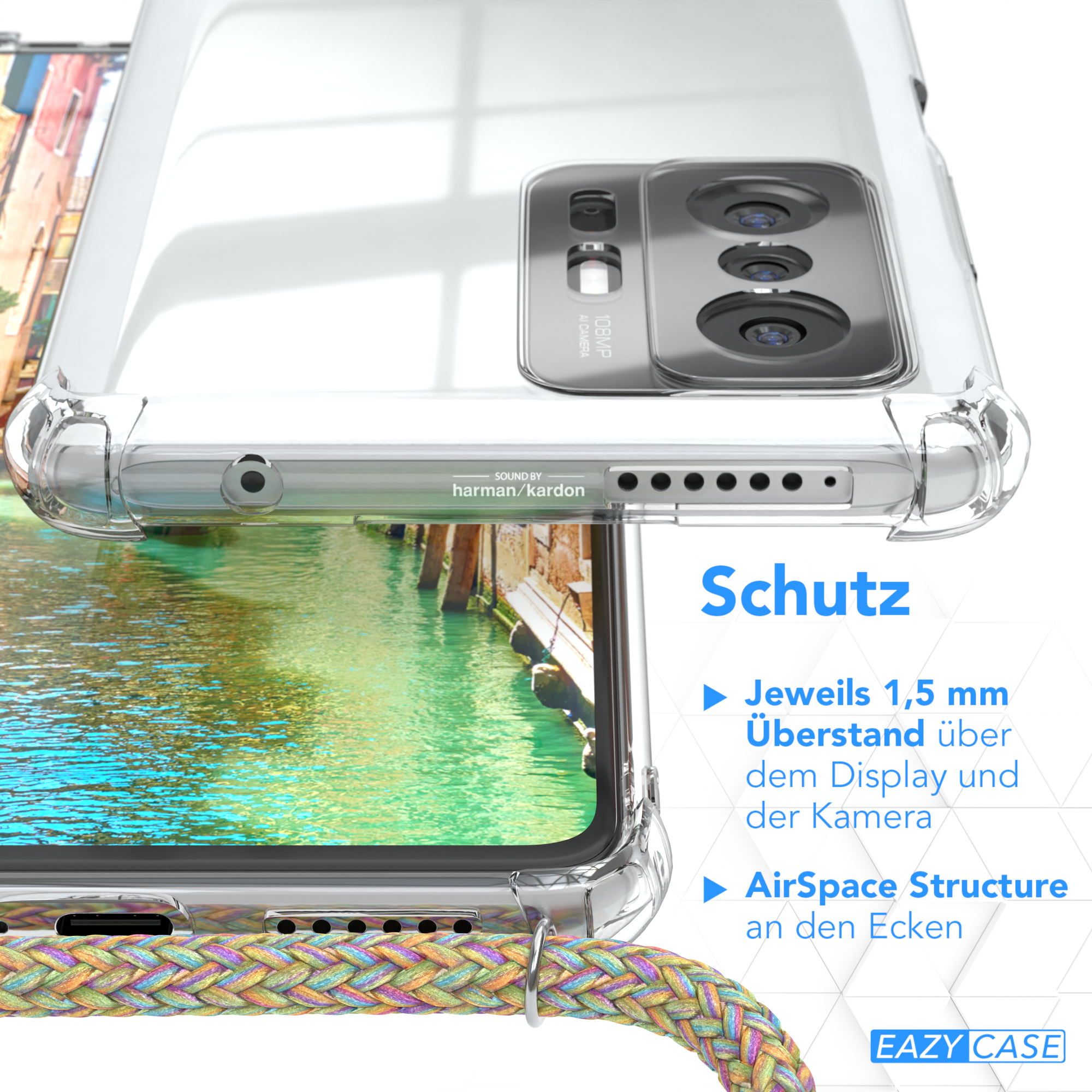 Eine transparente Handyhülle auf einem Telefon, mit einem Fluss im Hintergrund.