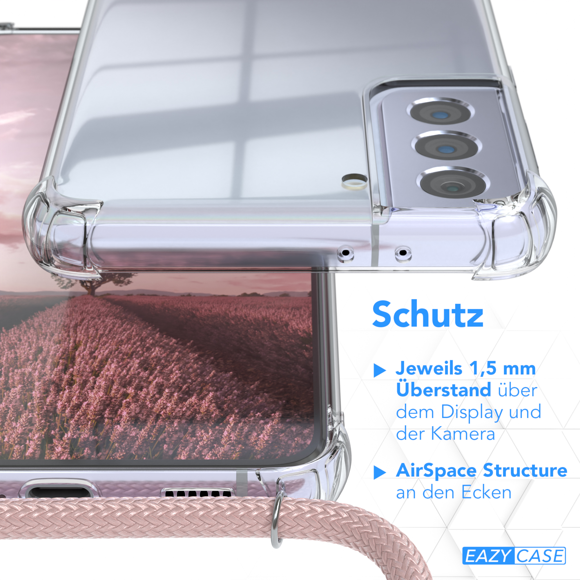Nahaufnahme einer transparenten Handyhülle. Text: Schutz. Merkmale: 1,5 mm Displayüberstand, AirSpace Structure.