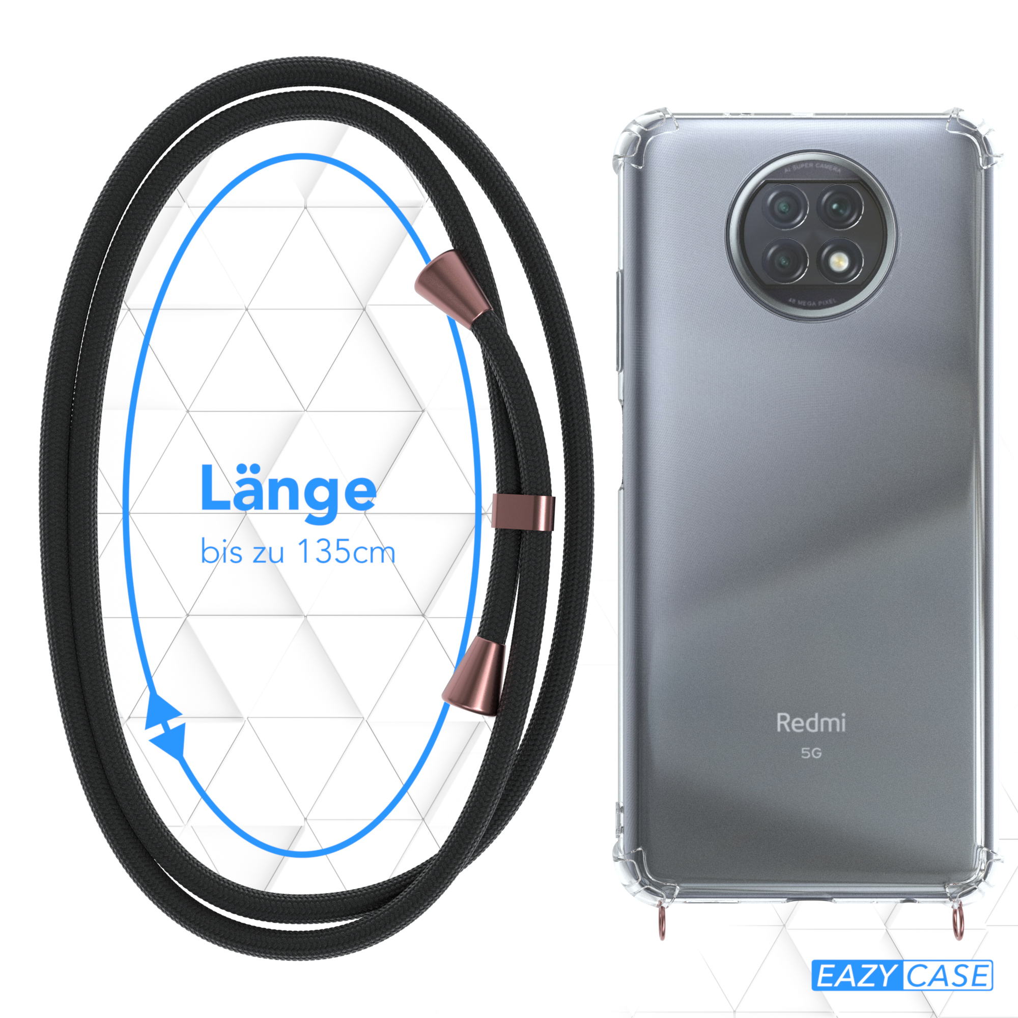 Telefon mit klarer Hülle und schwarzem Band. Text: Länge bis zu 135 cm. Roségold-Akzente.