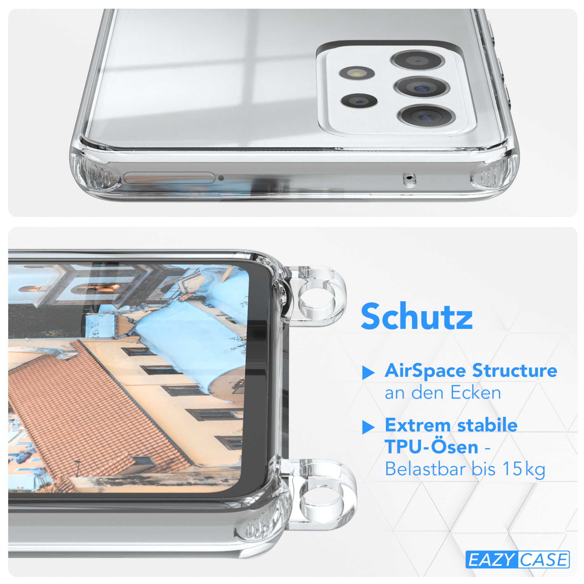 Transparente Handyhülle auf einem Telefon. Details der Hülle sind abgebildet, mit dem Wort Schutz und Text.