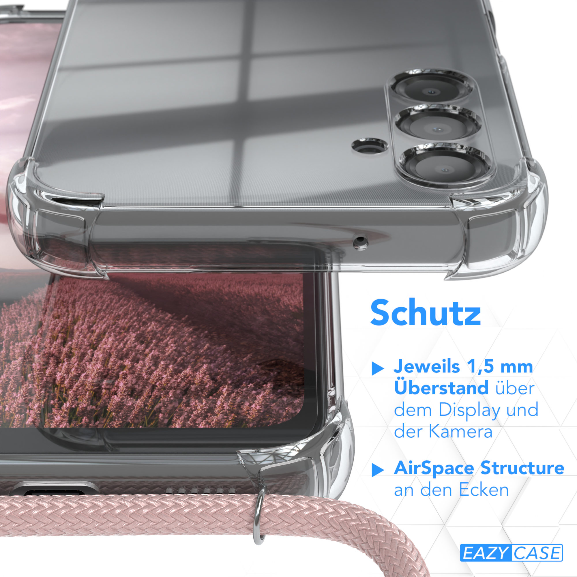 Transparente Handyhülle. Die Hülle hat ein rosa geflochtenes Kabel und schützt das Telefon.
