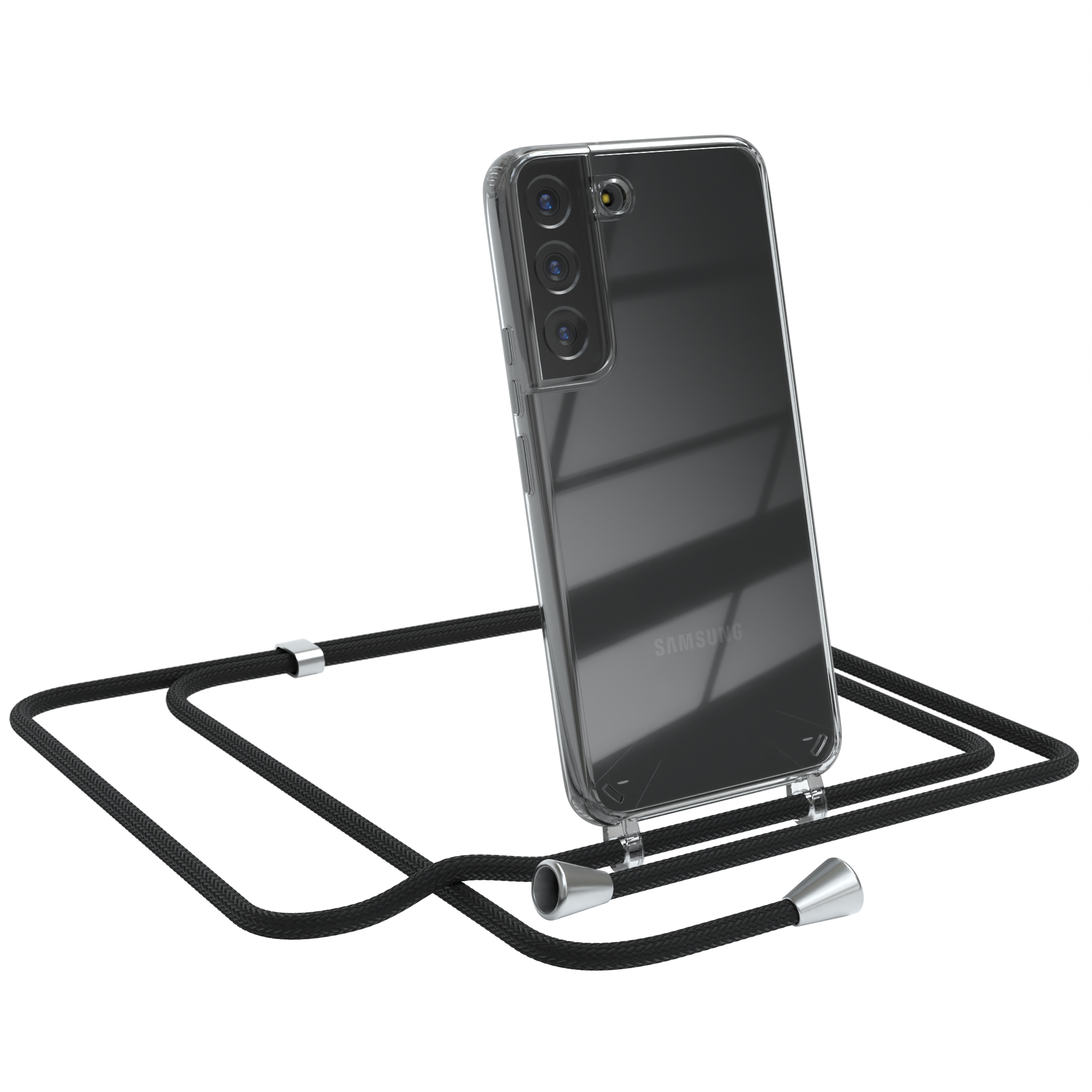 Transparente Handyhülle mit schwarzem Band und Smartphone mit drei Kameras.