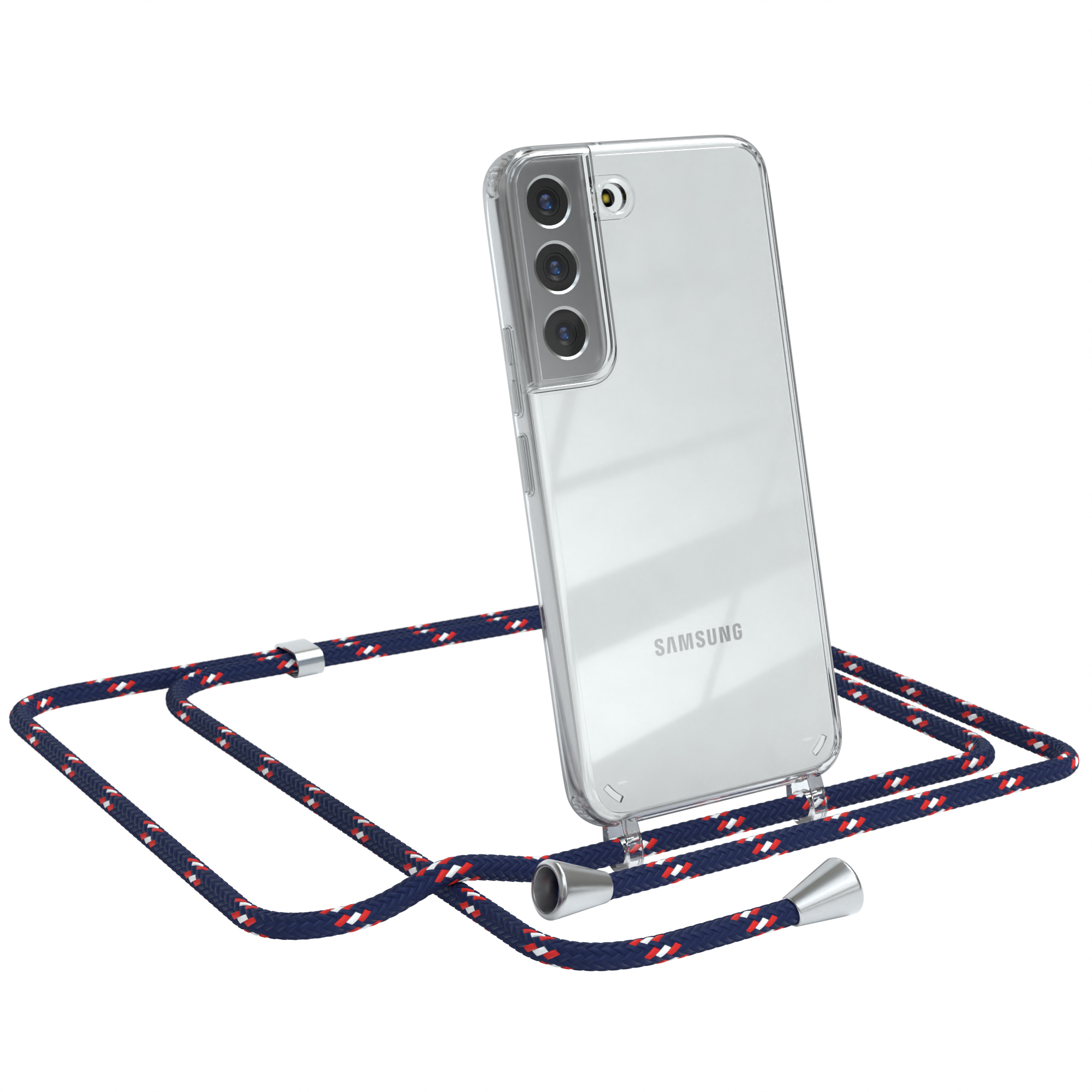 EAZY CASE Clear Cover mit Clips Samsung, 5G, Blau S22 Umhängeband, Camouflage Galaxy Umhängetasche, / Silber