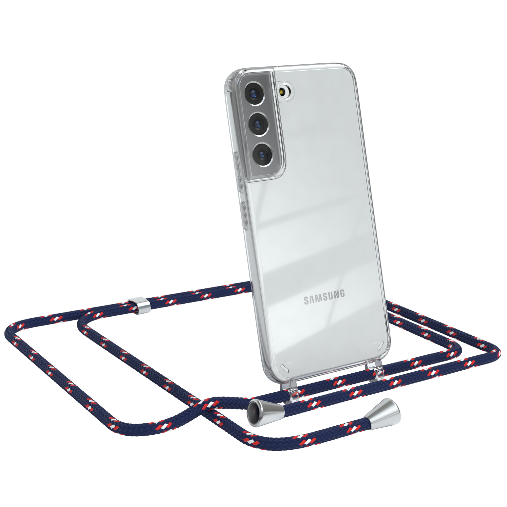 Samsung-Telefon in klarer Hülle mit blau-rotem Umhängeband. Telefon abgewinkelt, Kamera weg.