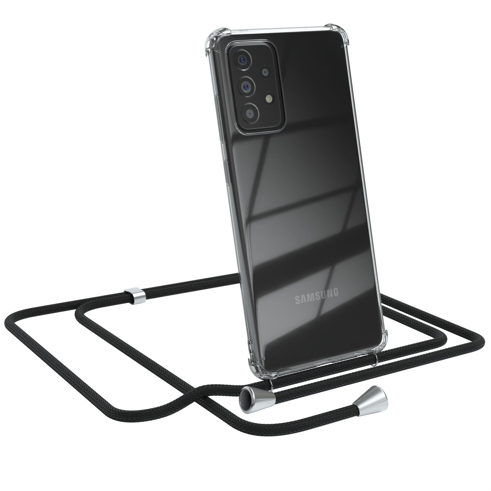Transparente Handyhülle mit schwarzem Umhängeband. Das Telefon hat drei Kameras, es ist ein Samsung.