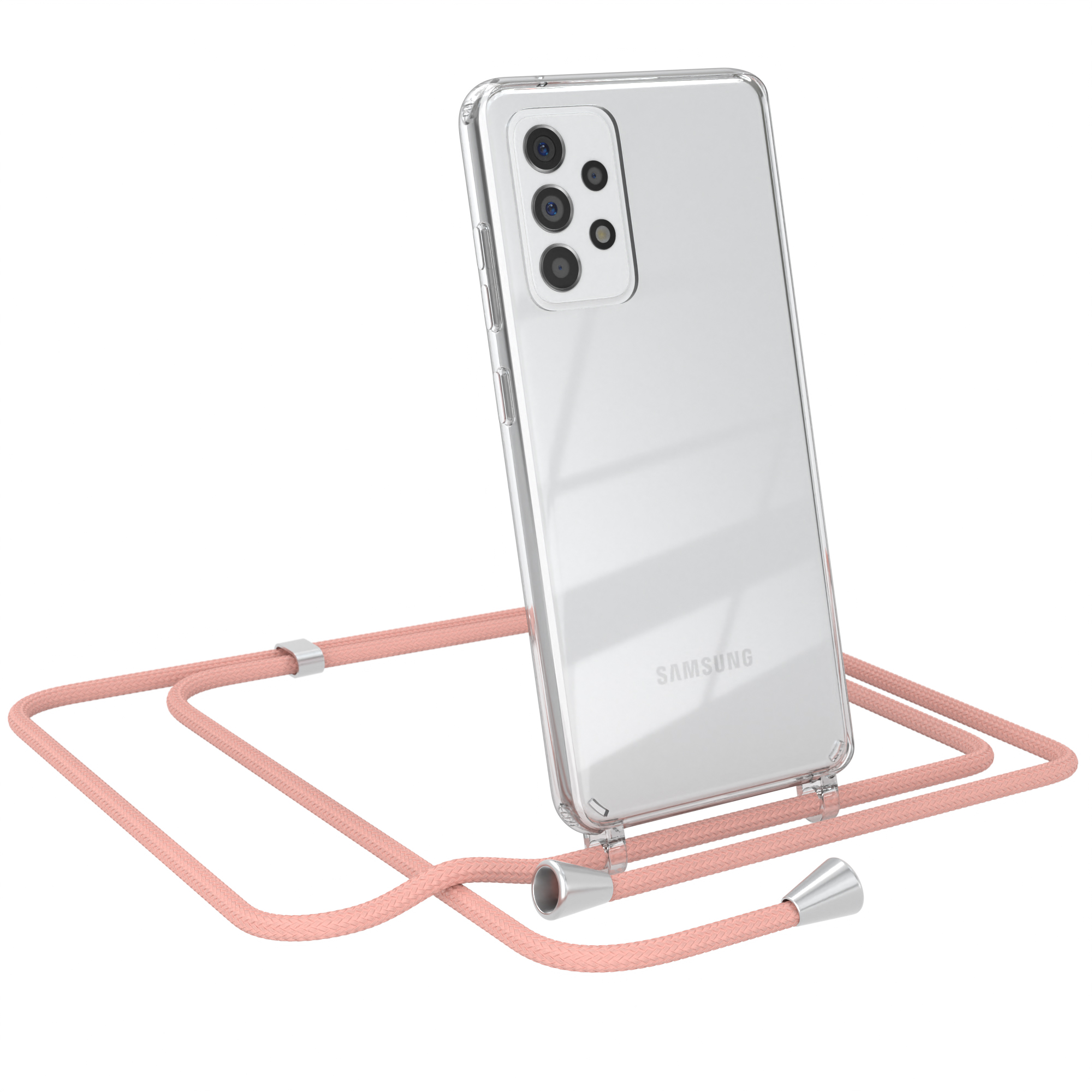 Transparente Handyhülle mit pfirsichfarbenem Band. Samsung-Handy sichtbar. Weißer Hintergrund.