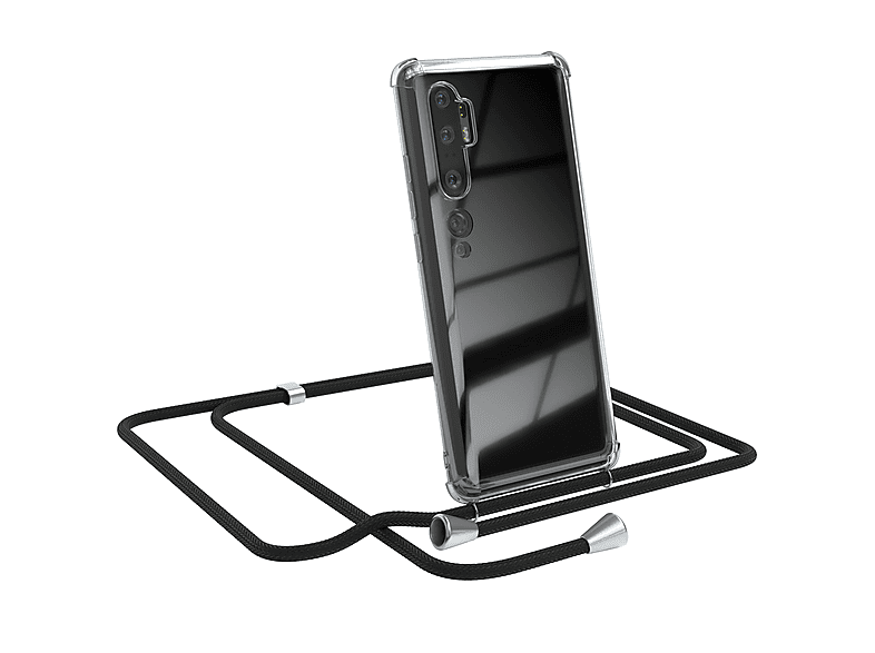 EAZY CASE Clear Cover mit Umhängeband, Umhängetasche, Xiaomi, Mi Note 10 / Mi Note 10 Pro, Schwarz / Clips Silber