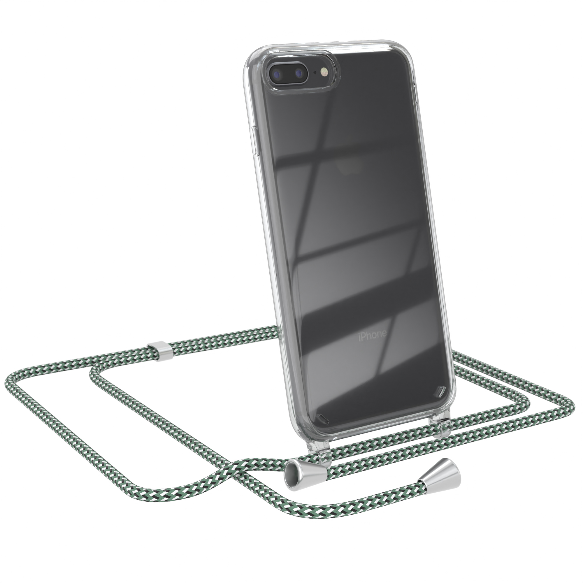 Telefon in klarer Hülle mit grün-weißem Kabel.