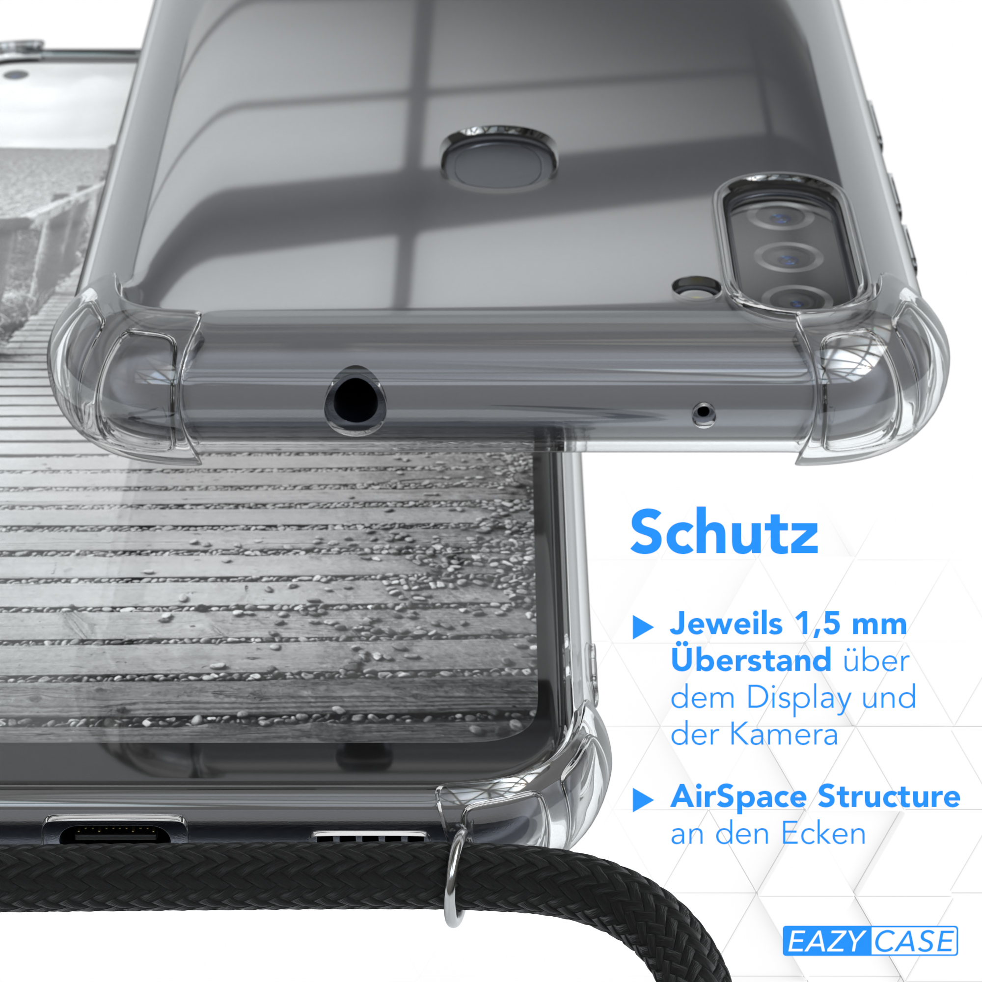 Cover M11, mit Clips Schwarz EAZY Silber Umhängeband, Clear CASE Umhängetasche, Galaxy / Samsung,