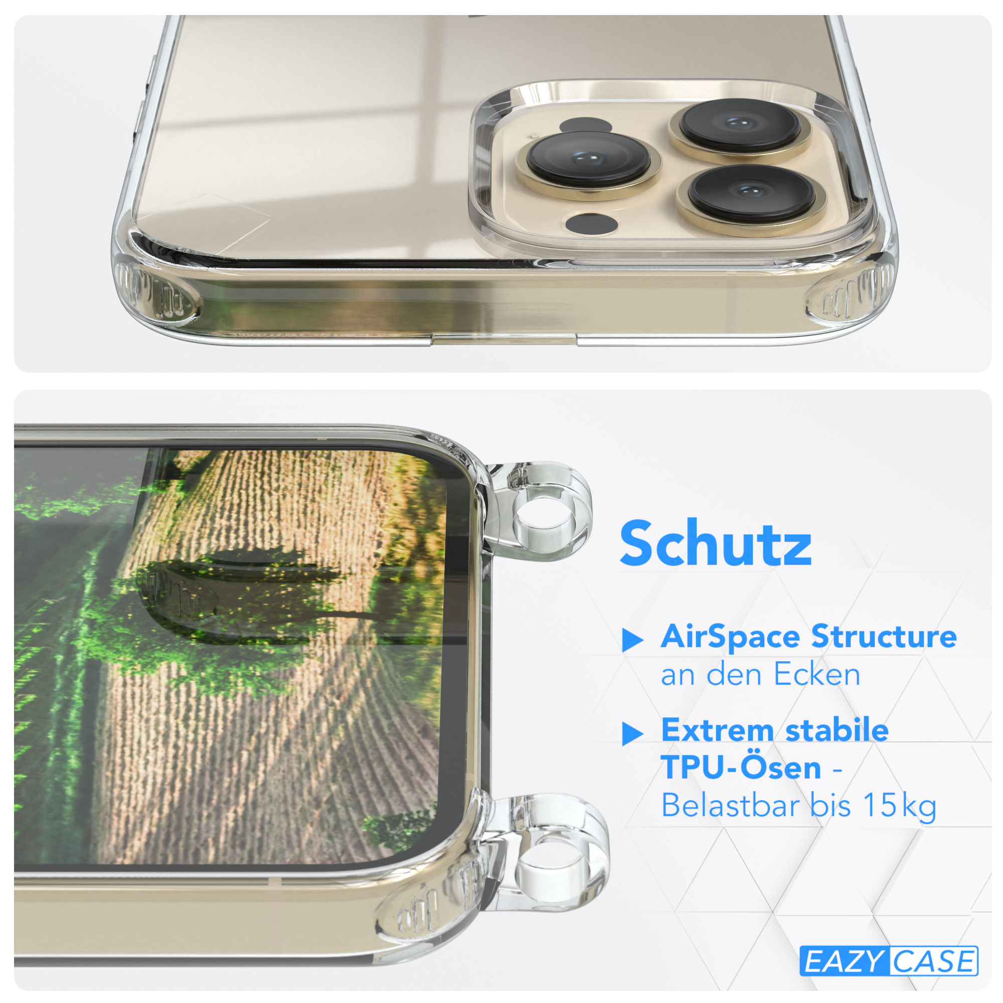 Nahaufnahme einer transparenten Handyhülle mit Details wie AirSpace-Struktur und TPU-Ösen.