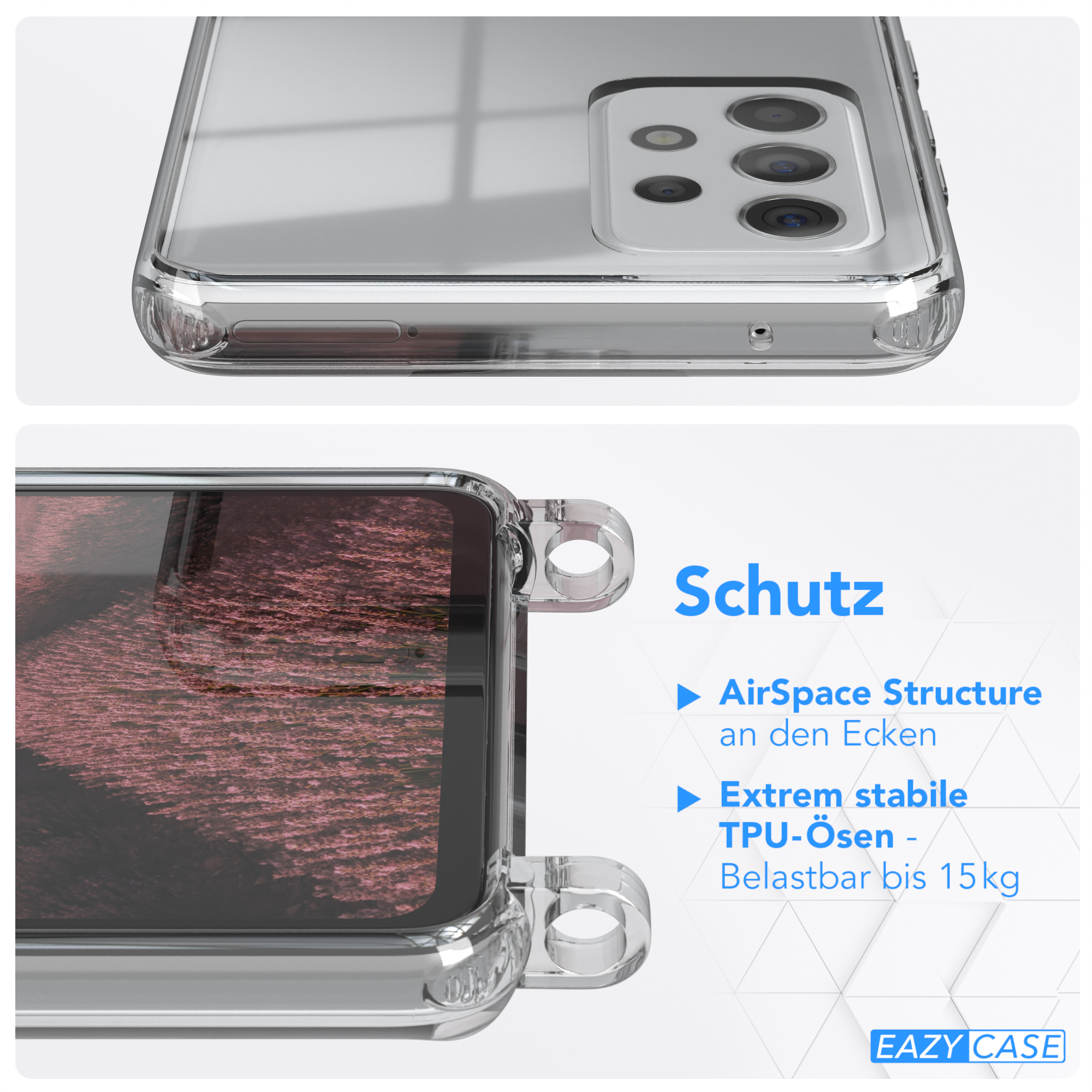 Transparente Handyhülle mit Details. Text: Schutz, AirSpace Structure, TPU-ösen, Belastbar bis 15kg. EAZY CASE.