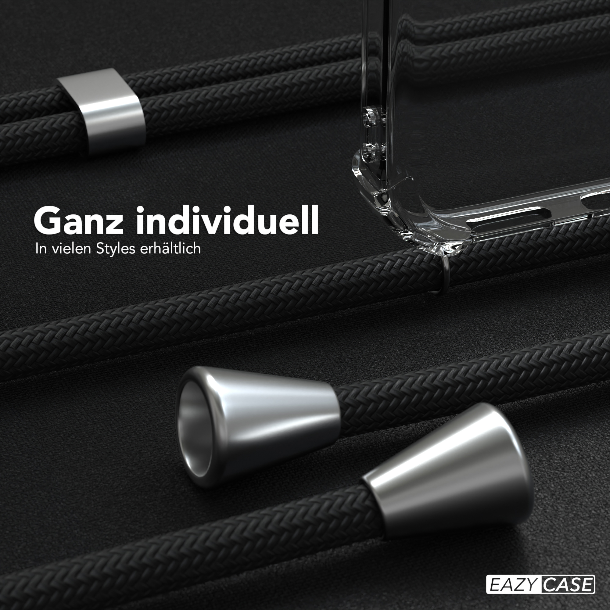 Schwarzes Handyband, silberne Metallkegel, Text 'Ganz individuell' und 'Eazy Case'.
