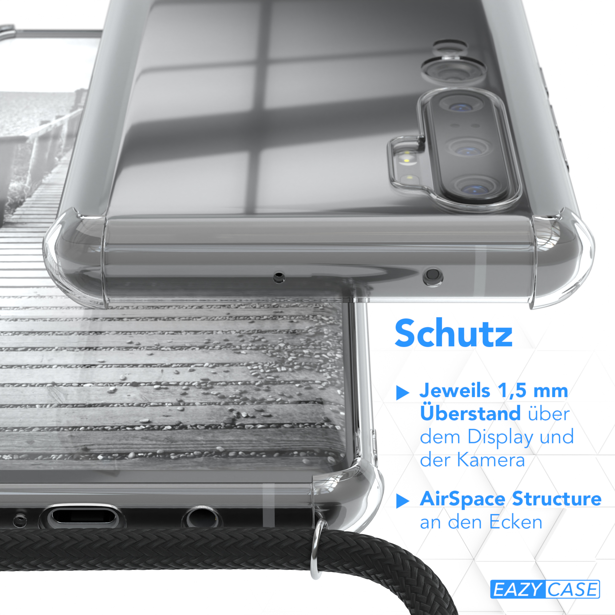 Transparente Handyhülle, schwarzes Kabel. Grauer und weißer Holzhintergrund.