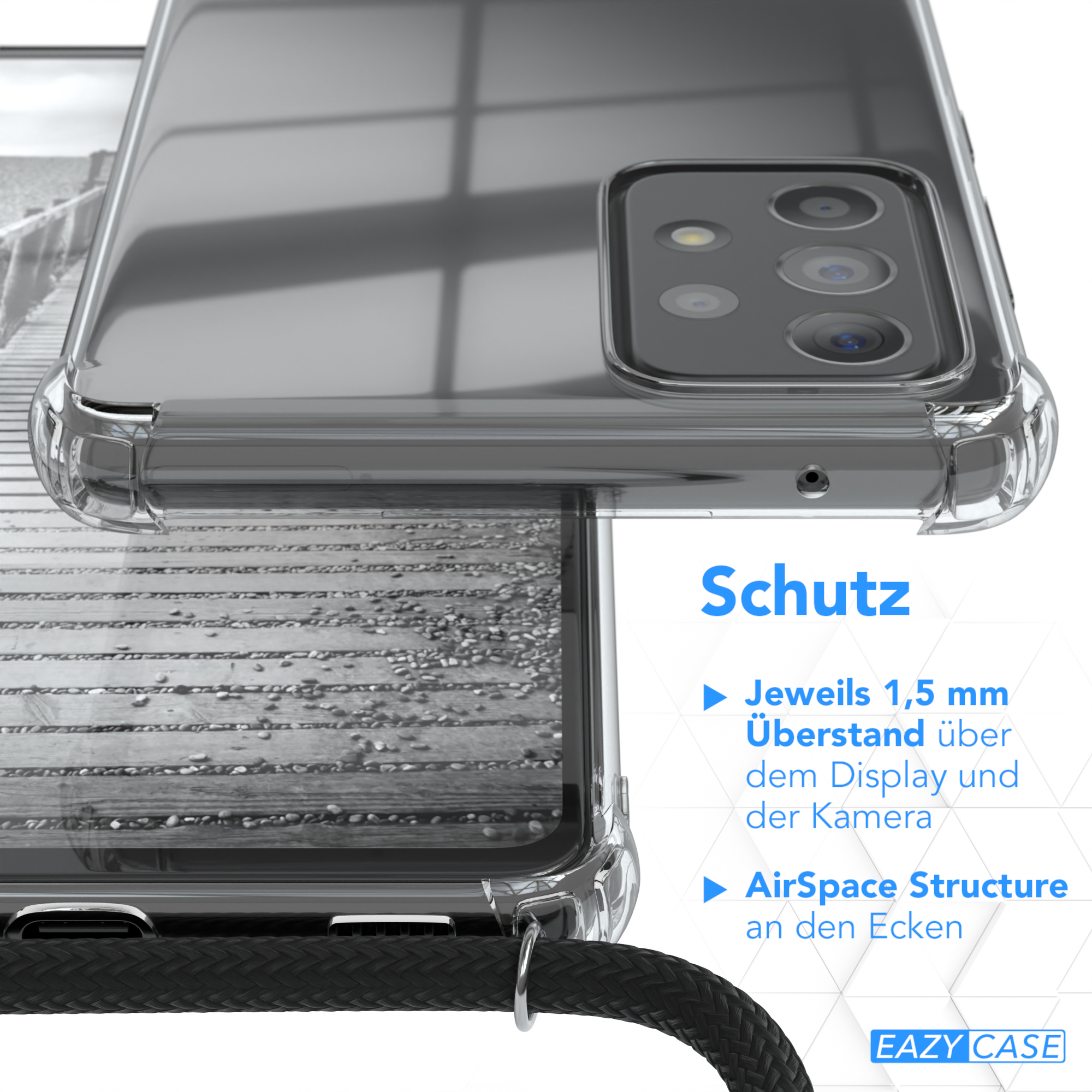 Transparente Handyhülle mit schwarzem Kabel. Text lautet "Schutz". Das Telefon ist in der Hülle.