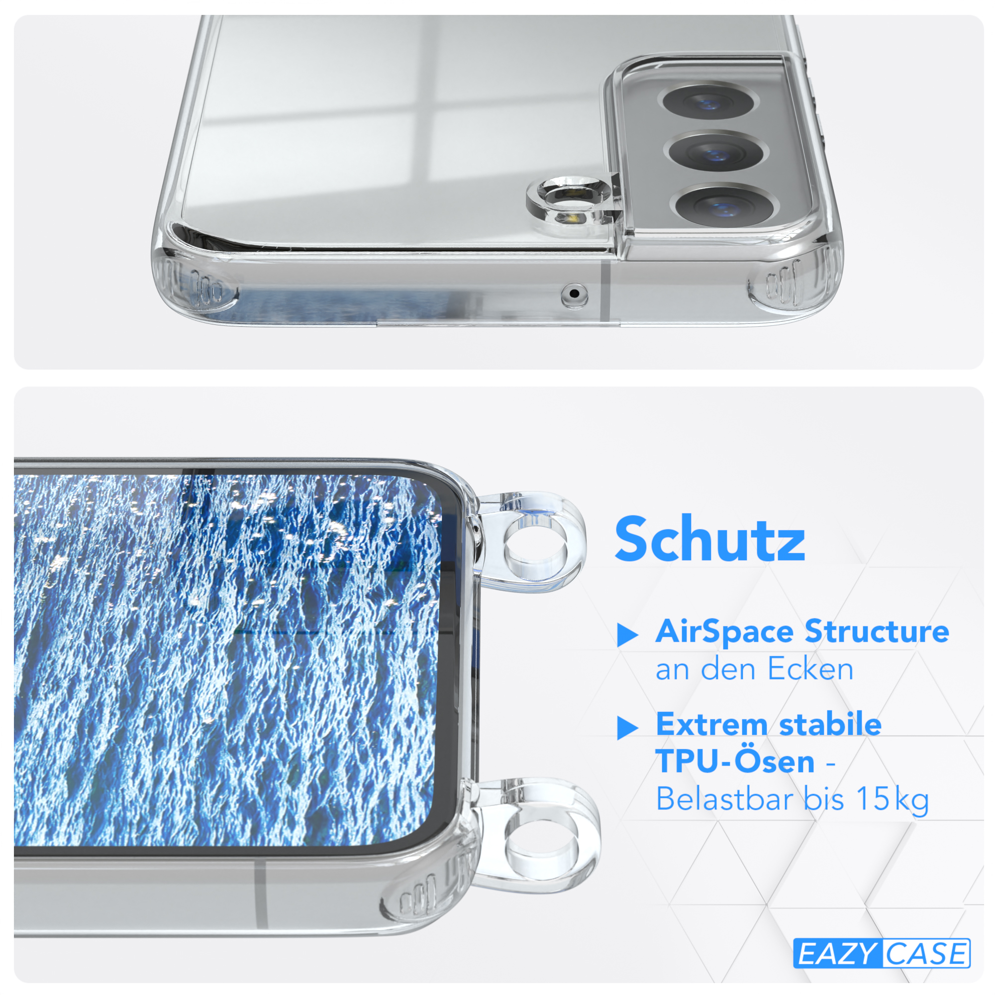 EAZY CASE Clear Cover mit Clips Samsung, 5G, Blau S22 Umhängeband, Camouflage Galaxy Umhängetasche, / Silber
