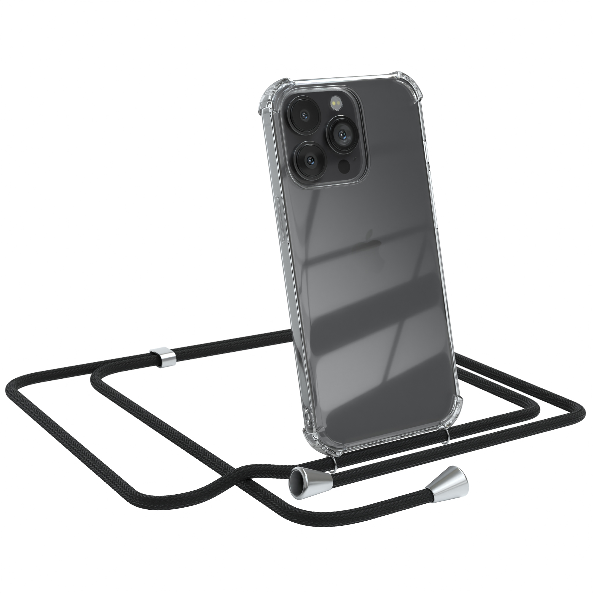 EAZY CASE Clear Cover mit Silber Pro, 13 / Apple, Clips iPhone Umhängetasche, Schwarz Umhängeband