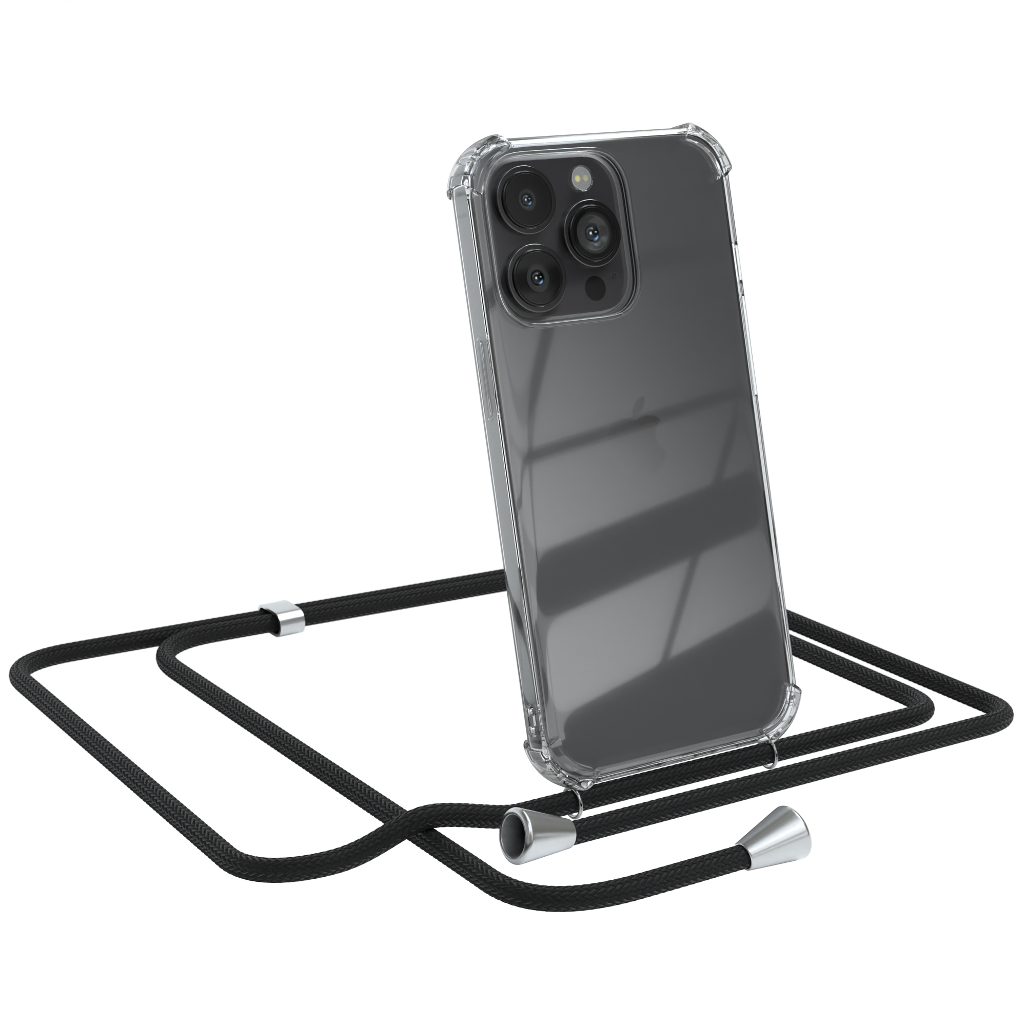 Ein iPhone in einer transparenten Hülle mit schwarzem Riemen. Weißer Hintergrund.