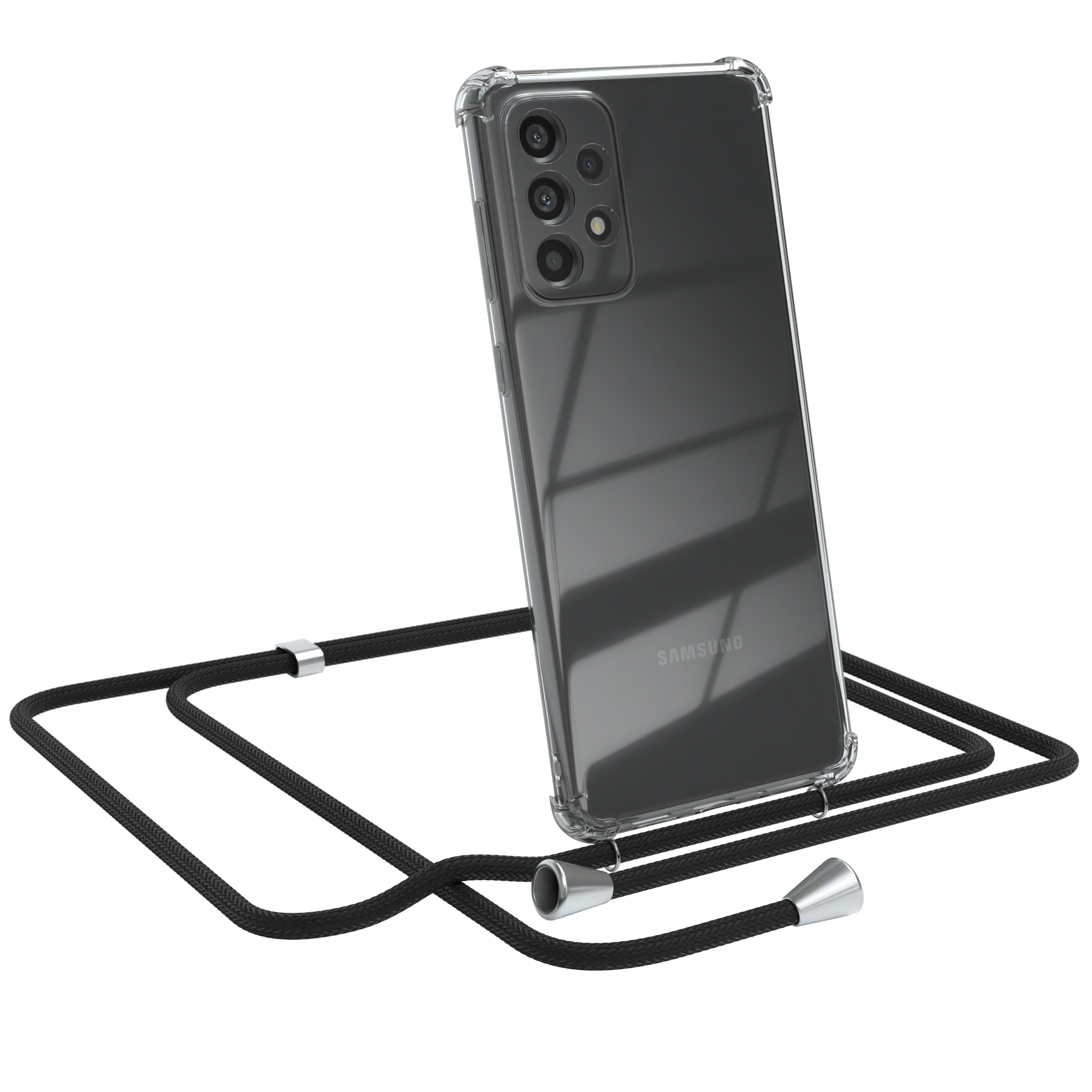 Transparente Handyhülle mit schwarzem Schlüsselband, Telefon angewinkelt. Samsung-Logo.
