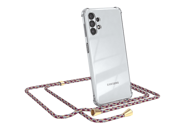 EAZY CASE Clear Cover mit Umhängeband, Umhängetasche, Samsung, Galaxy A32 5G, Rot Beige Camouflage / Clips Gold