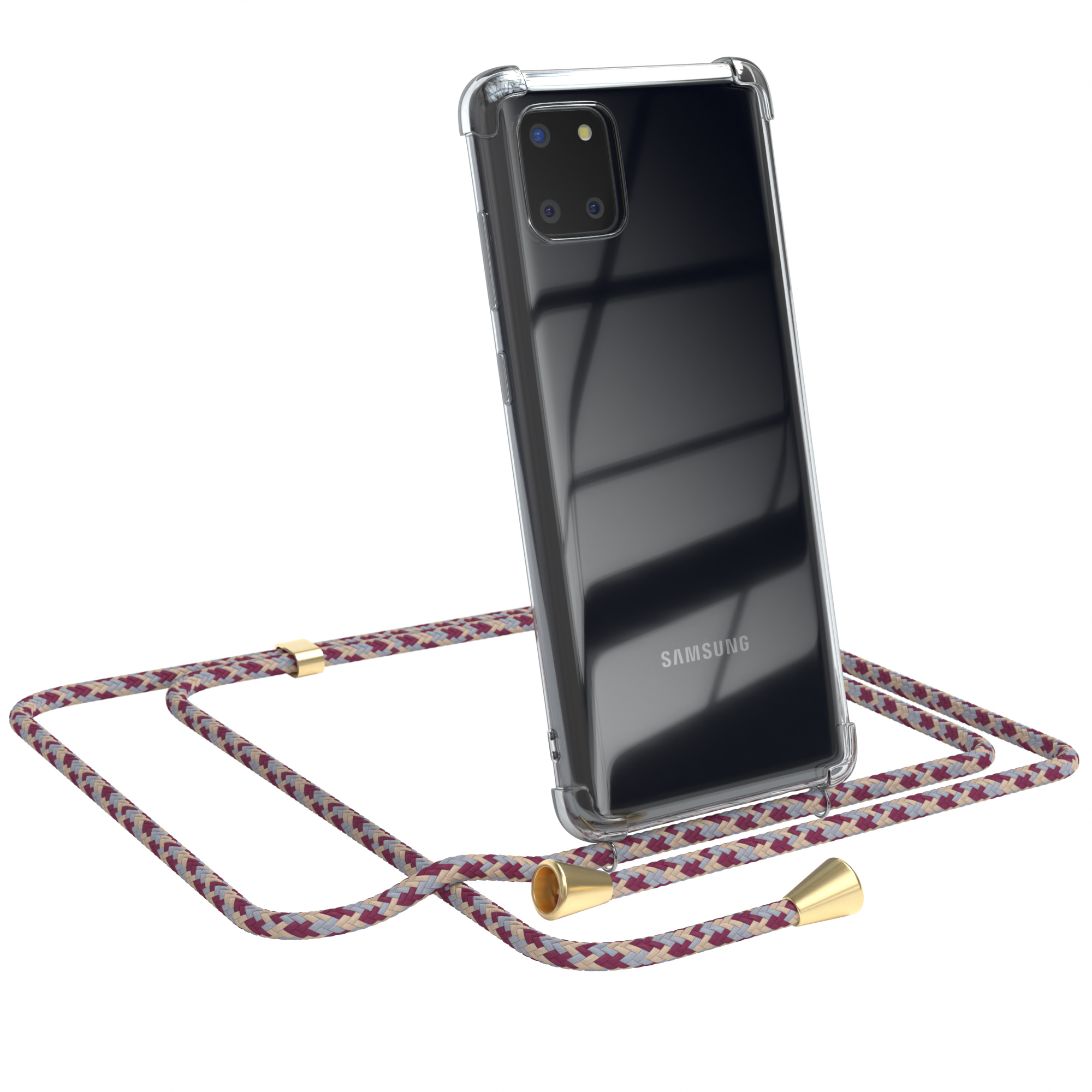 Ein Samsung-Telefon in einer transparenten Hülle mit einem weinroten und weißen geflochtenen Seil. Das Telefon ist abgewinkelt.