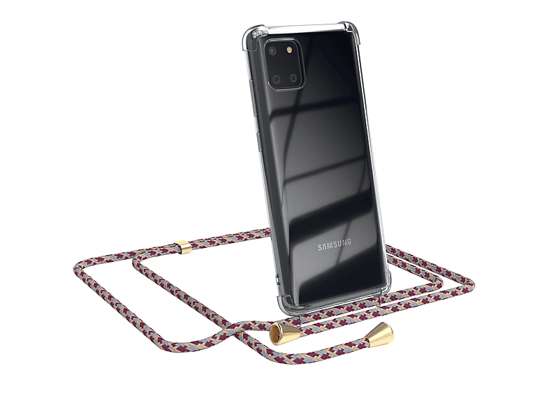 EAZY CASE Clear Cover mit Umhängeband, Umhängetasche, Samsung, Galaxy Note 10 Lite, Rot Beige Camouflage / Clips Gold
