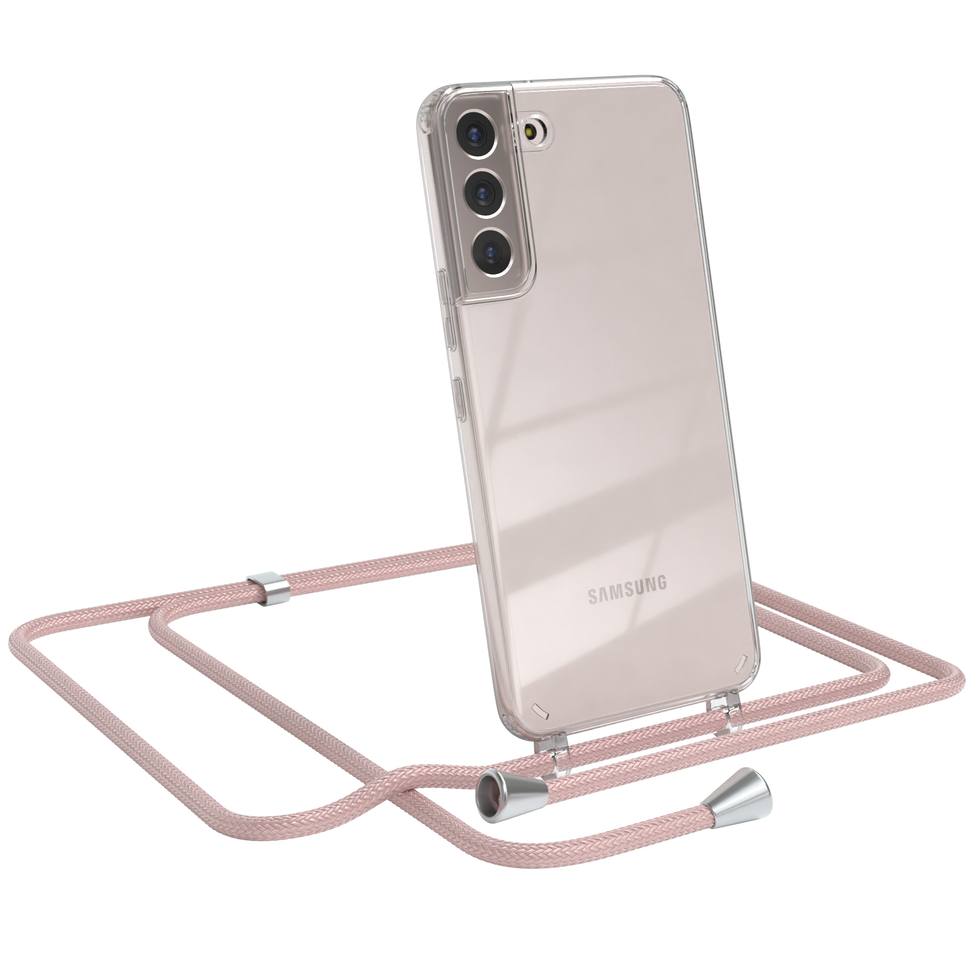 Transparente Handyhülle mit rosa Band. Samsung-Logo sichtbar.