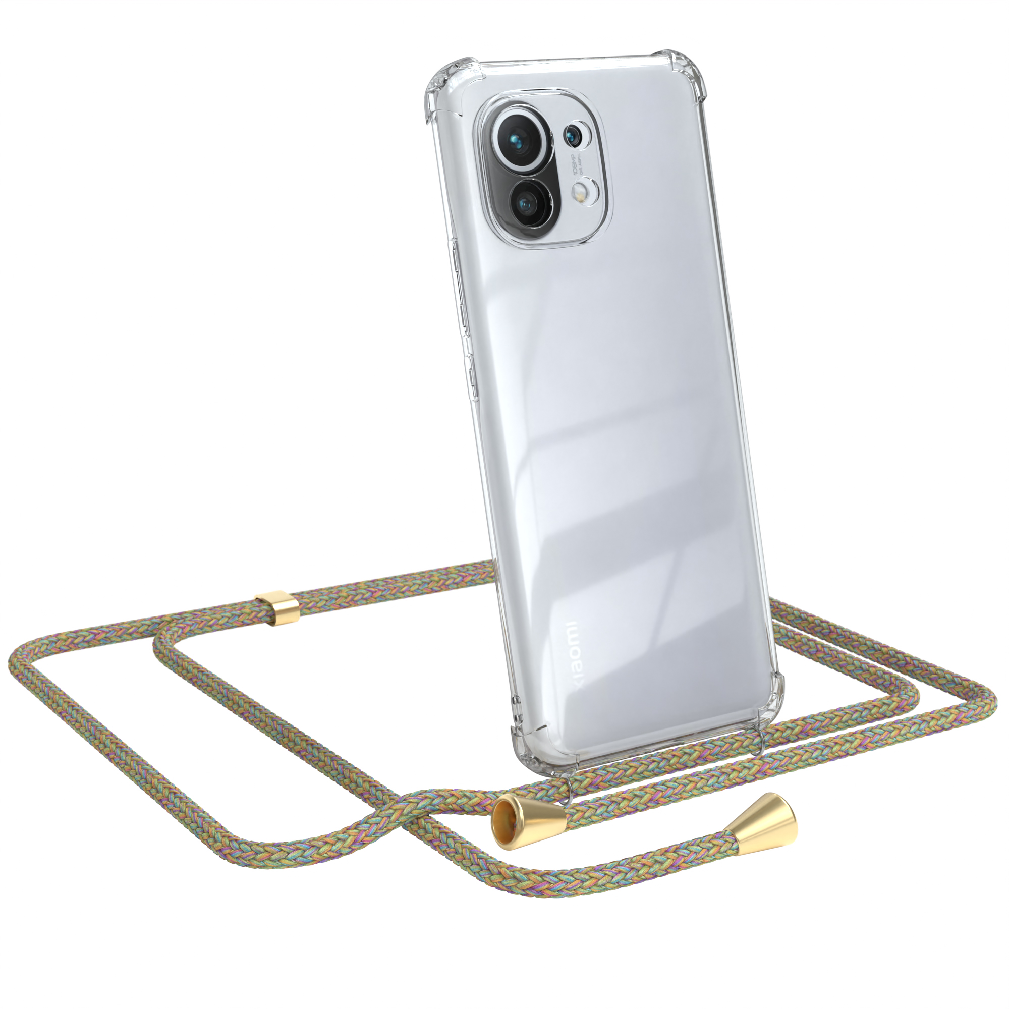 Transparente Handyhülle mit grün-gelbem Seilriemen und einem Xiaomi-Handy.