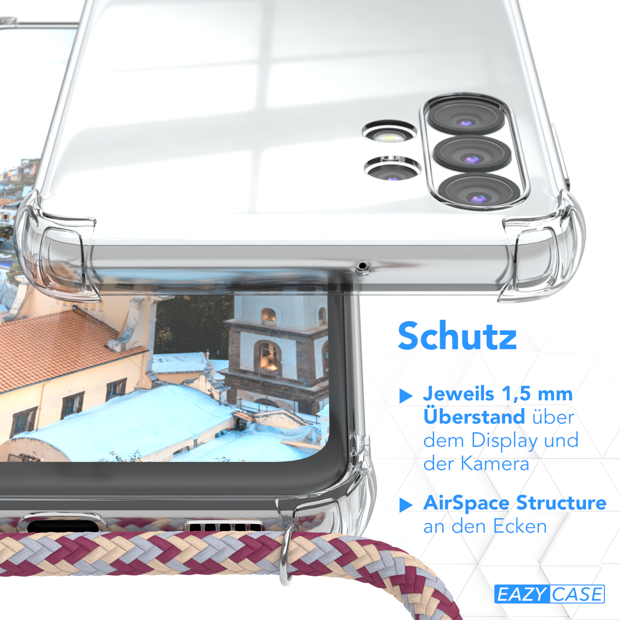 Transparente Handyhülle zeigt ein Telefon auf einem Hintergrund mit Kirche und rotem Kabel.