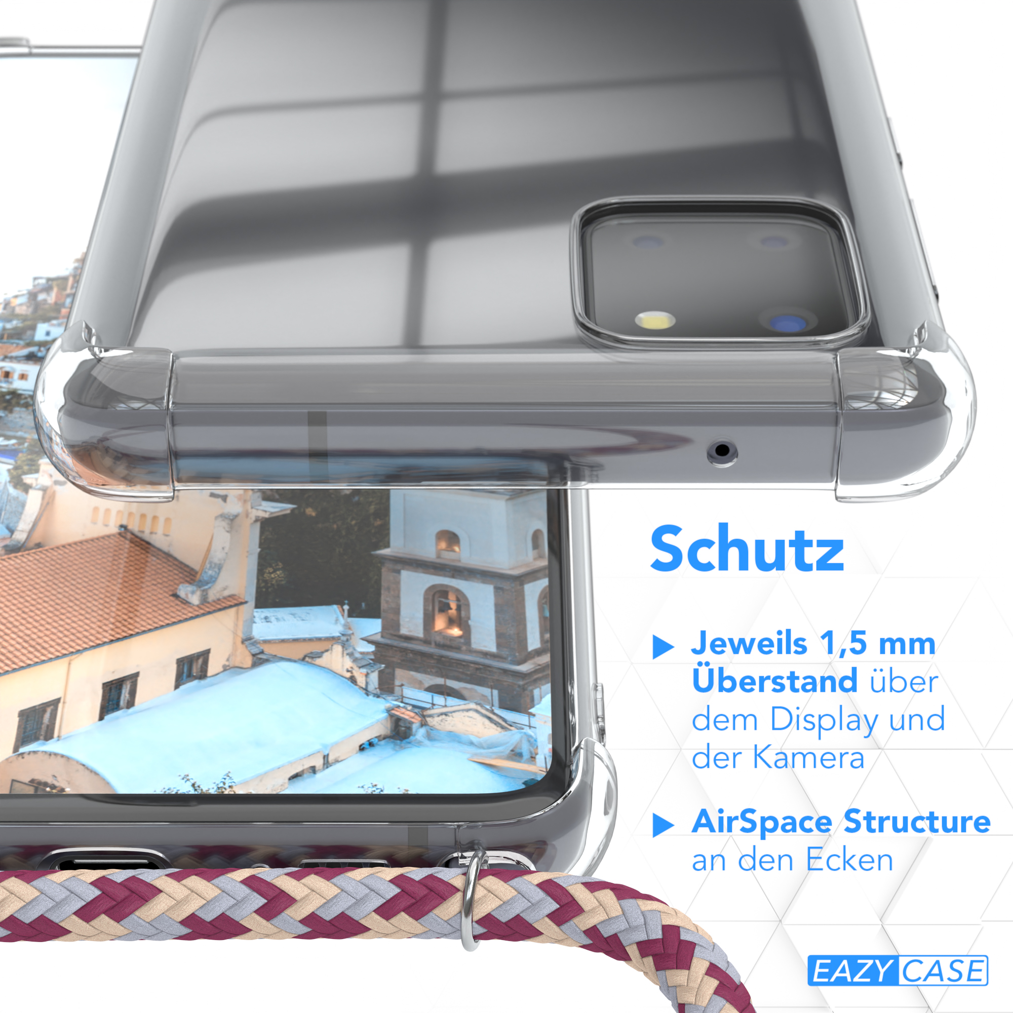 Nahaufnahme eines Telefons in einer transparenten Hülle, die Details der Hülle und der Umgebung zeigt.