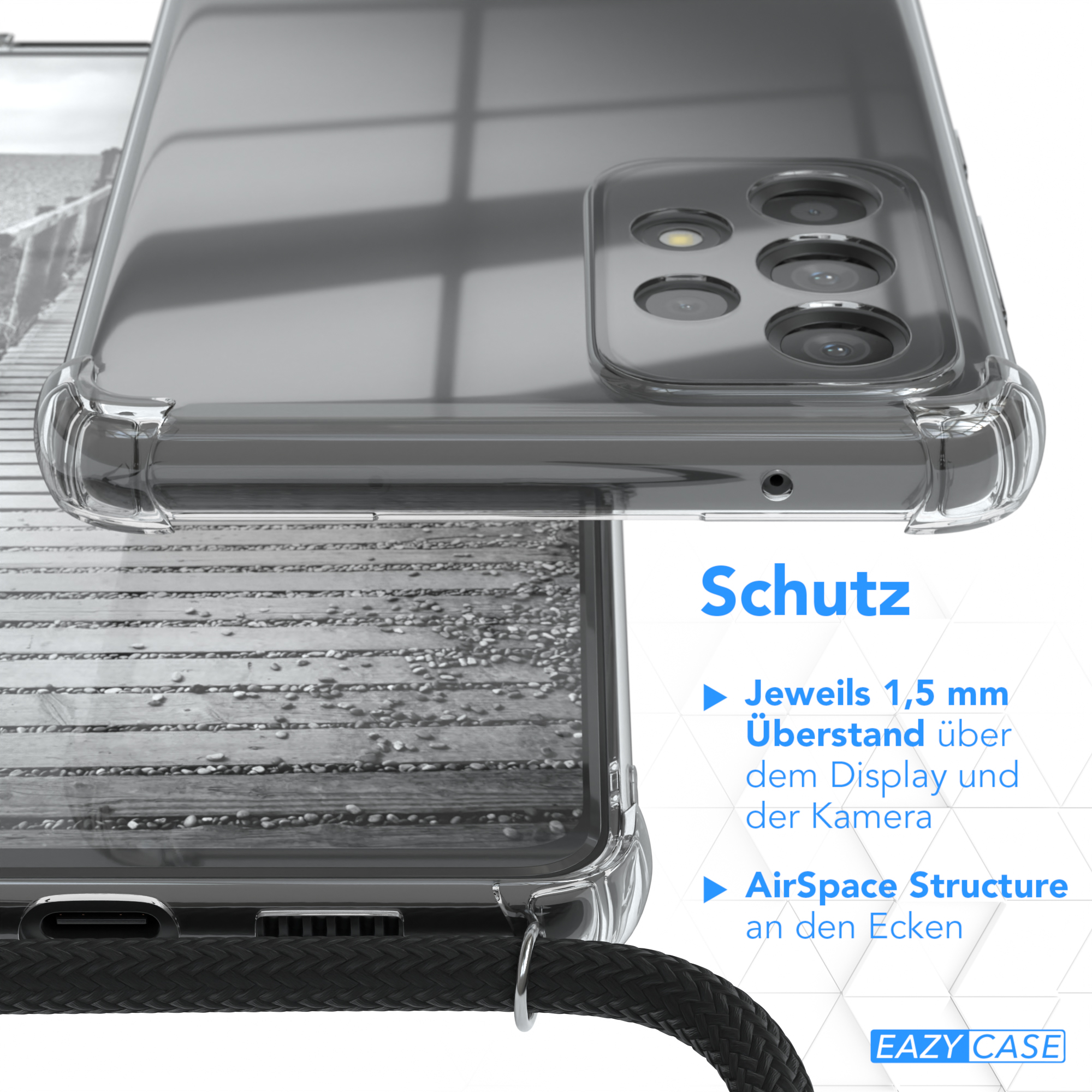 Ein Telefon in einer transparenten Hülle, und die Hüllendetails werden hervorgehoben.