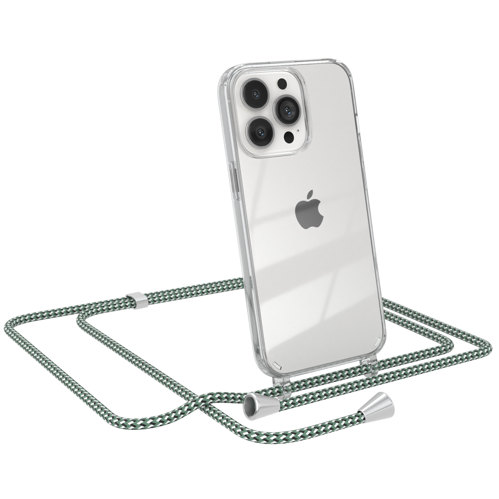 Transparente Handyhülle mit Handy. Telefon hat Kameras und grünen Gurt.