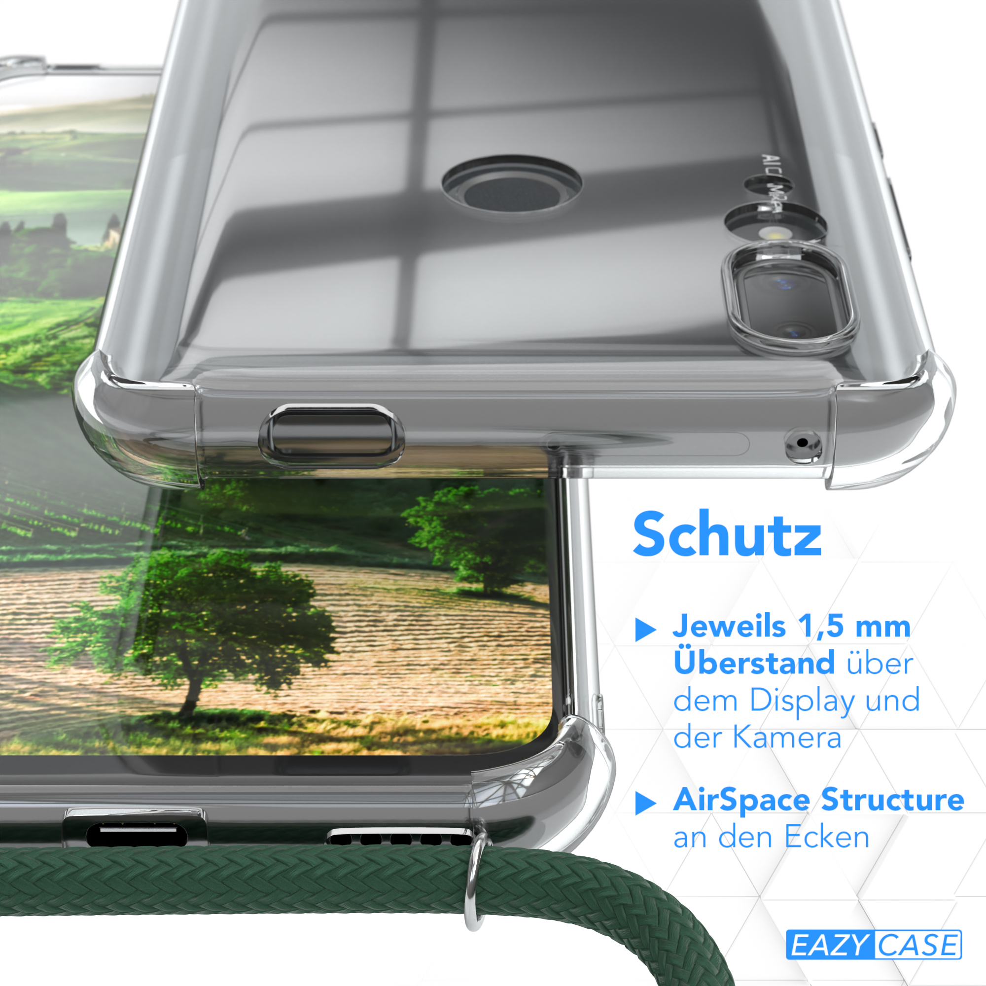 Nahaufnahme transparente Handyhülle, Schutzfunktionen, Text 'Schutz'.