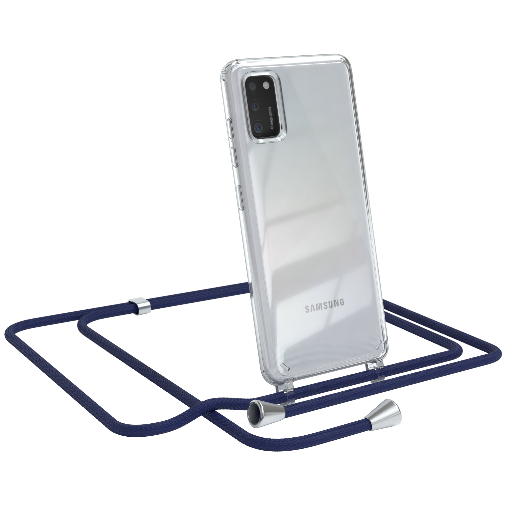 Transparente Handyhülle mit blauem Schlüsselband. Telefon angewinkelt. Weißer Hintergrund.