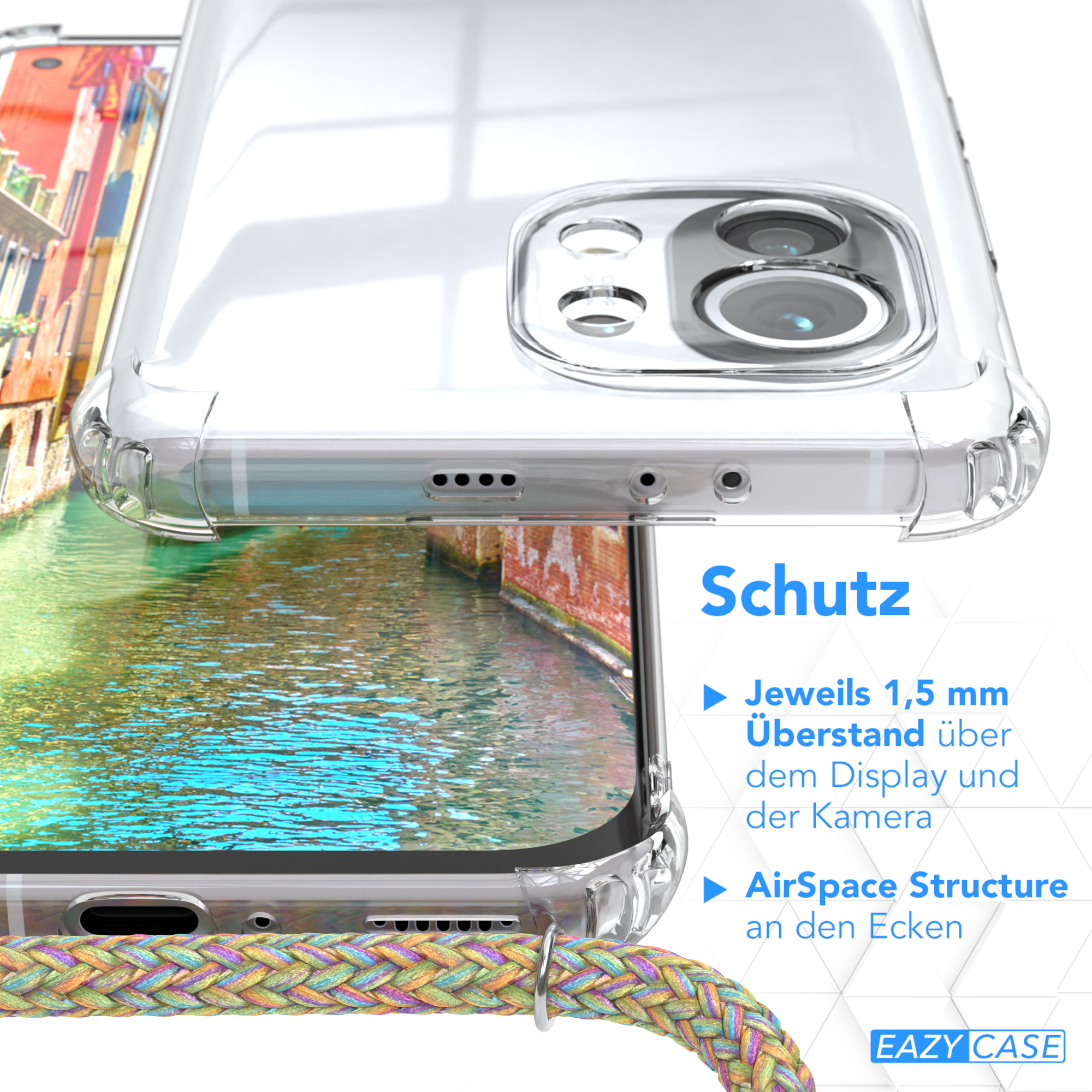 EAZY CASE Clear Cover 5G, 11 Mi mit Bunt Umhängeband, Xiaomi, Umhängetasche, Gold / Clips
