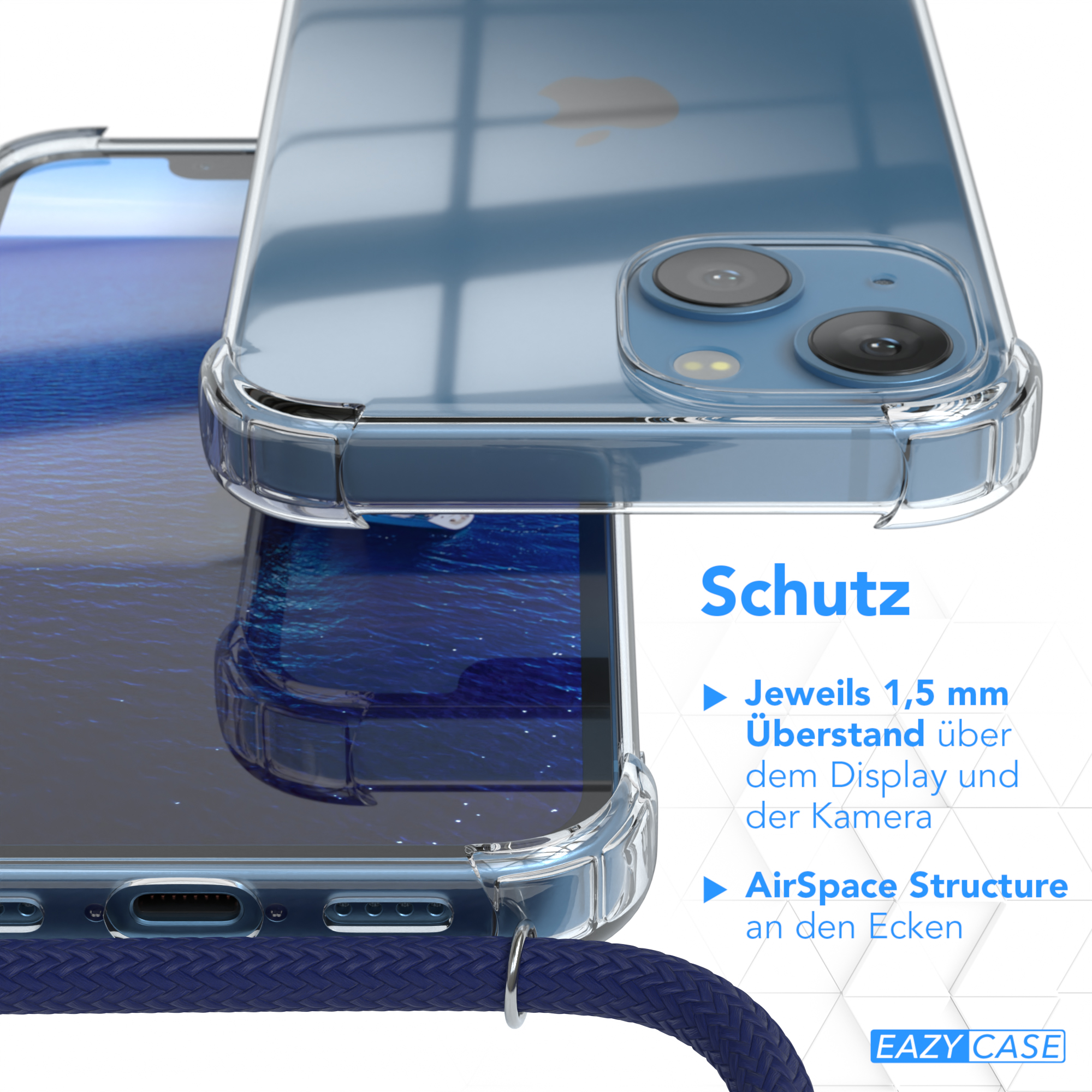 EAZY CASE Clear Cover Apple, Blau / mit Clips Silber Mini, 13 iPhone Umhängetasche, Umhängeband