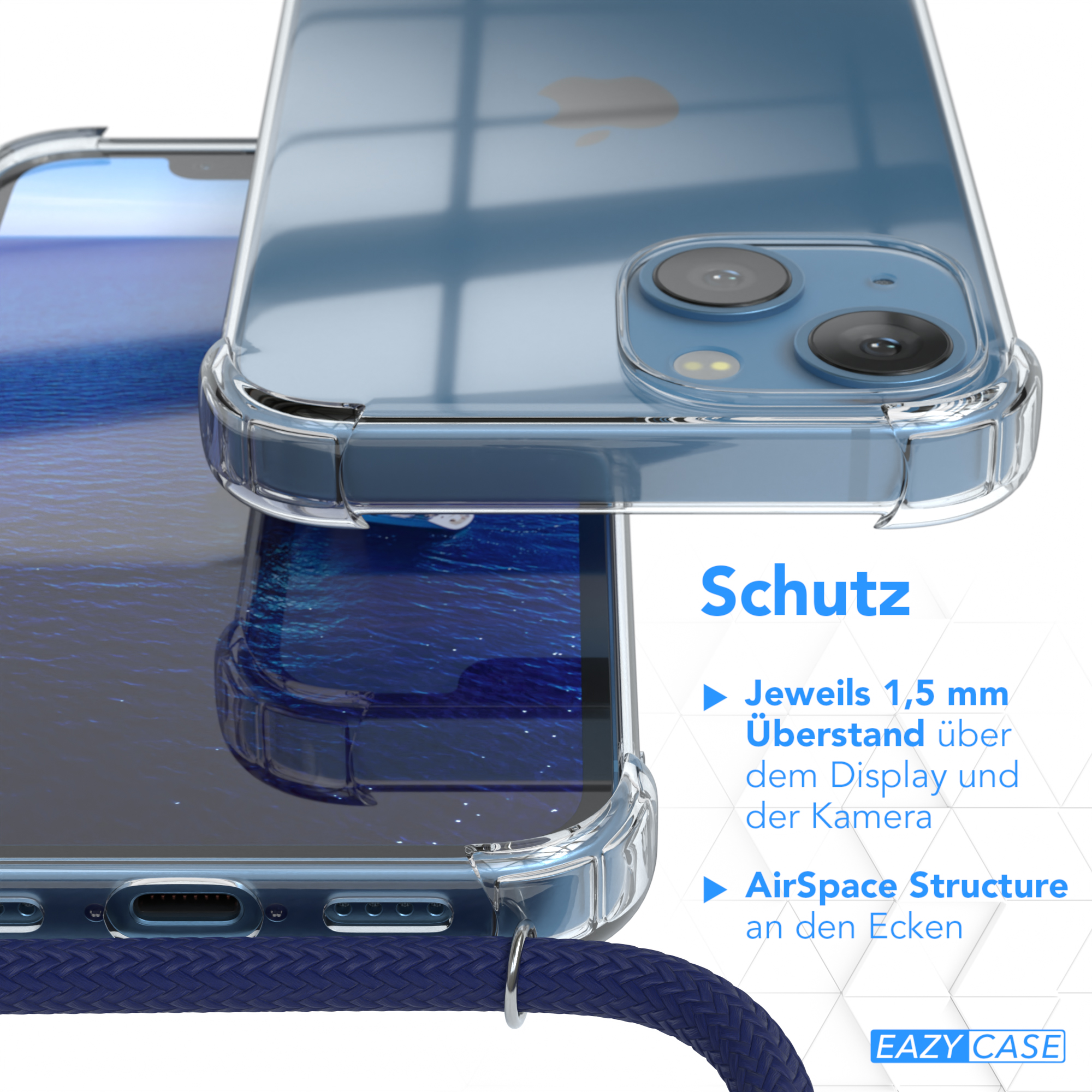 Eine transparente Handyhülle mit blauem Kordel. Text: Schutz. Details der Hülle.