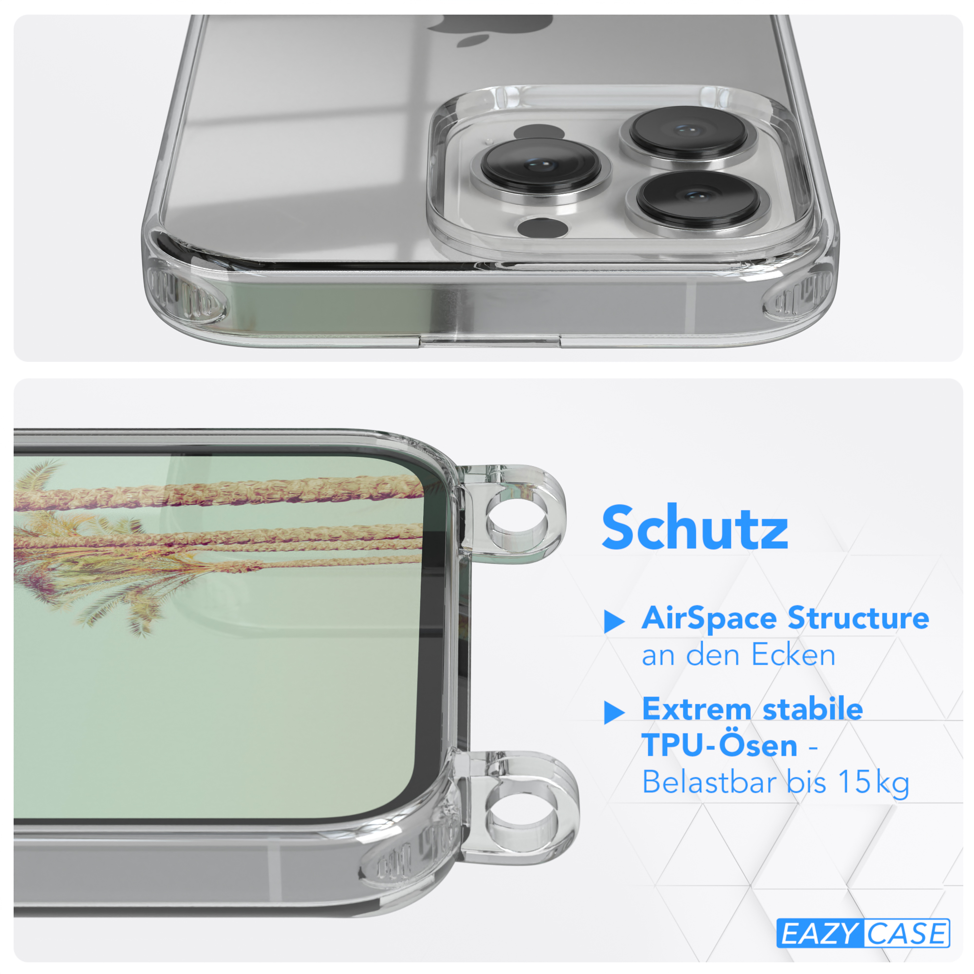 Nahaufnahme einer Handyhülle. Text: Schutz, AirSpace Structure, Extrem stabile TPU-Ösen.